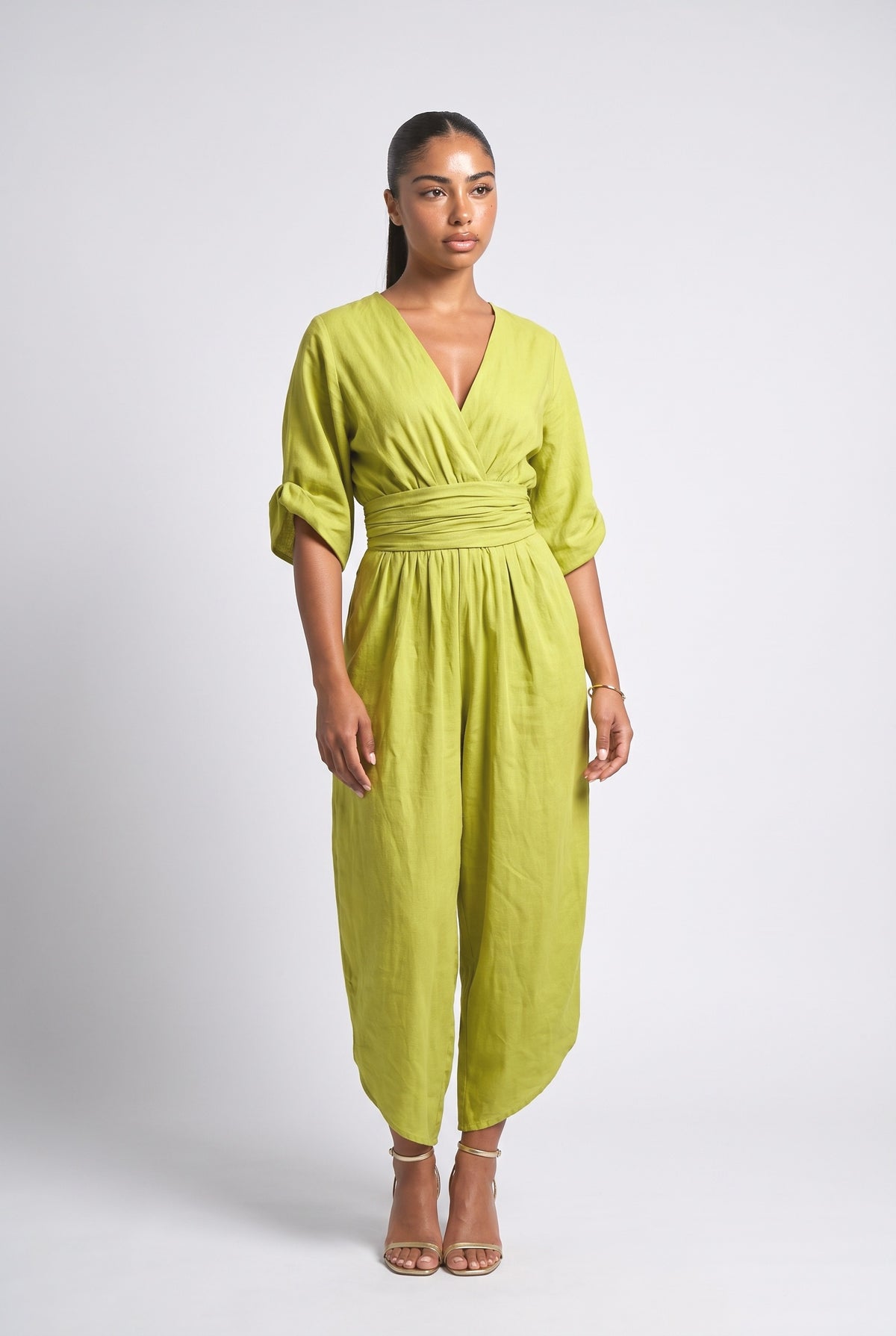 High-Waist Pleated Designs Jumpsuit, green