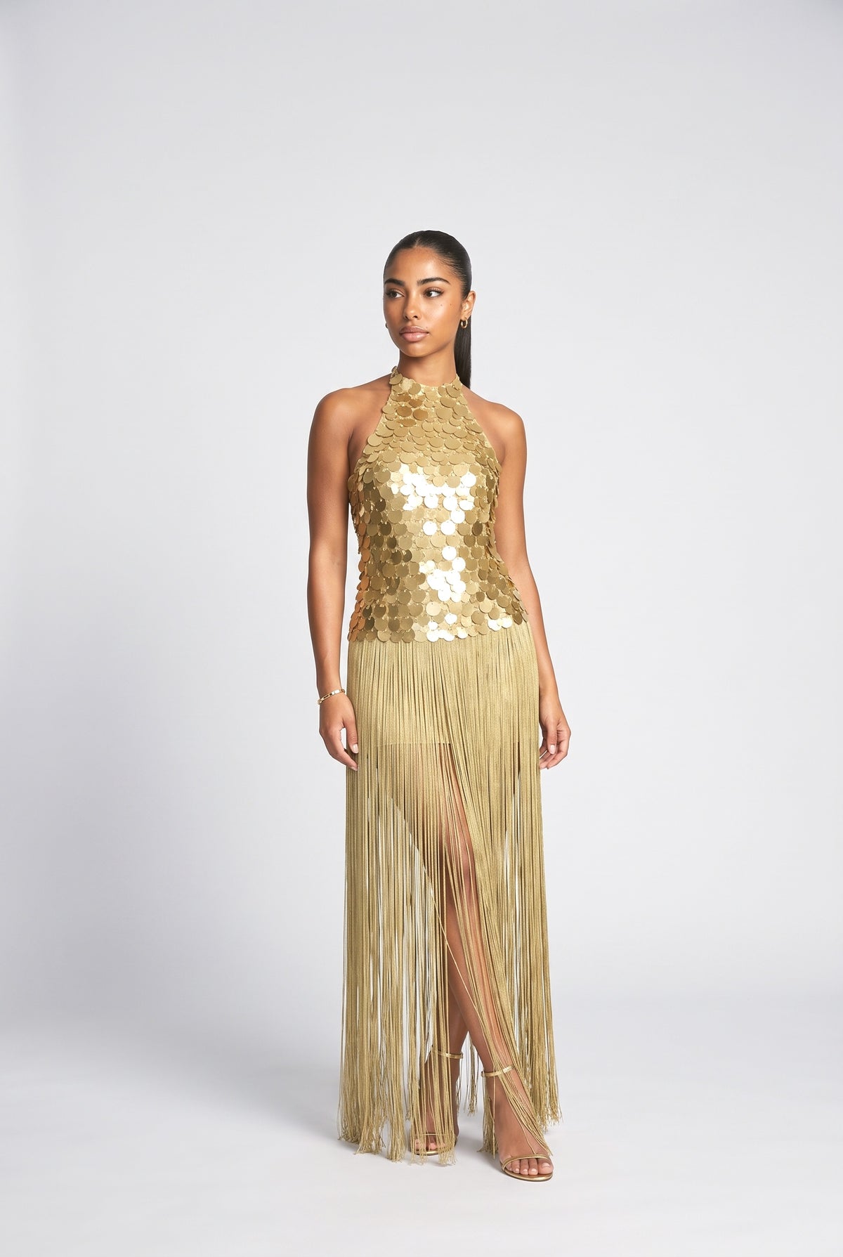 Sequin Backless Sleeveless Fringe Maxi Dress, green