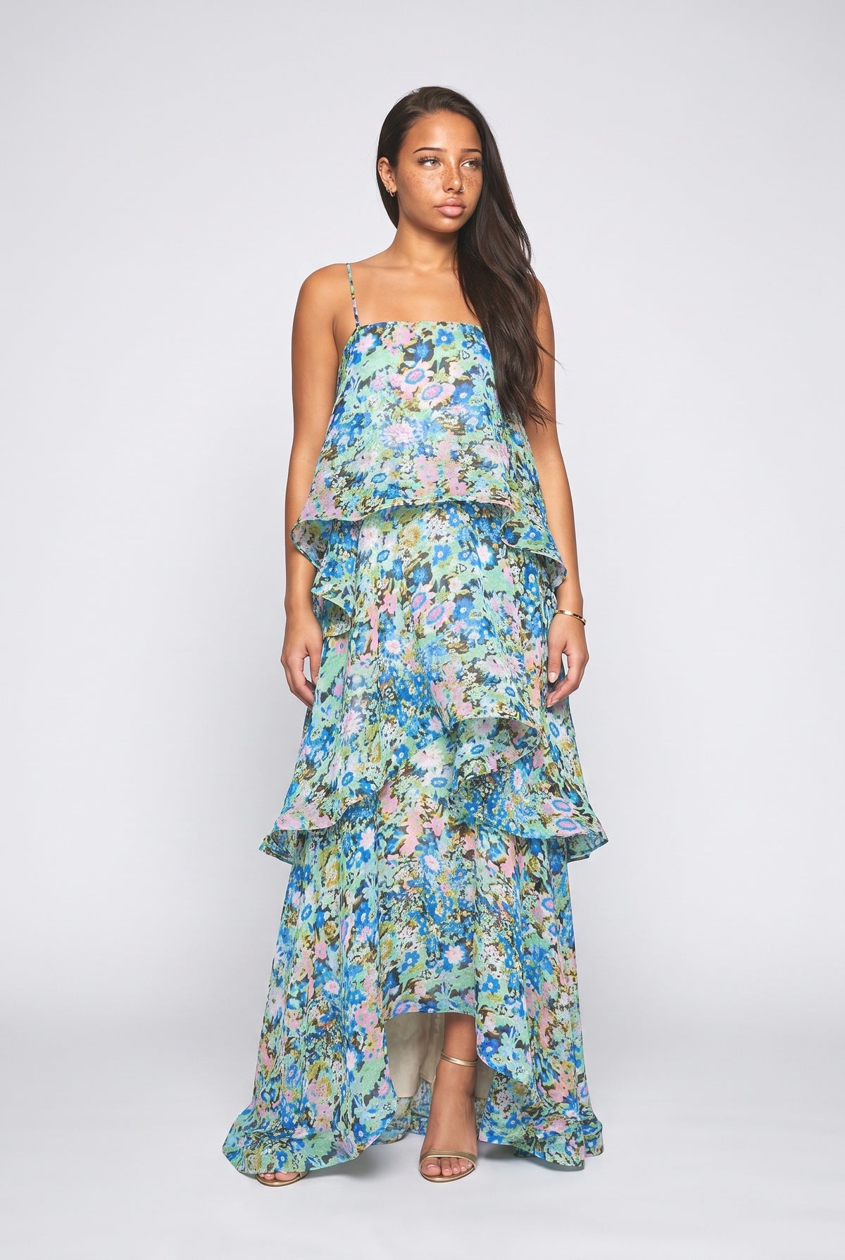 Green Floral Tiered Maxi Dress, green
