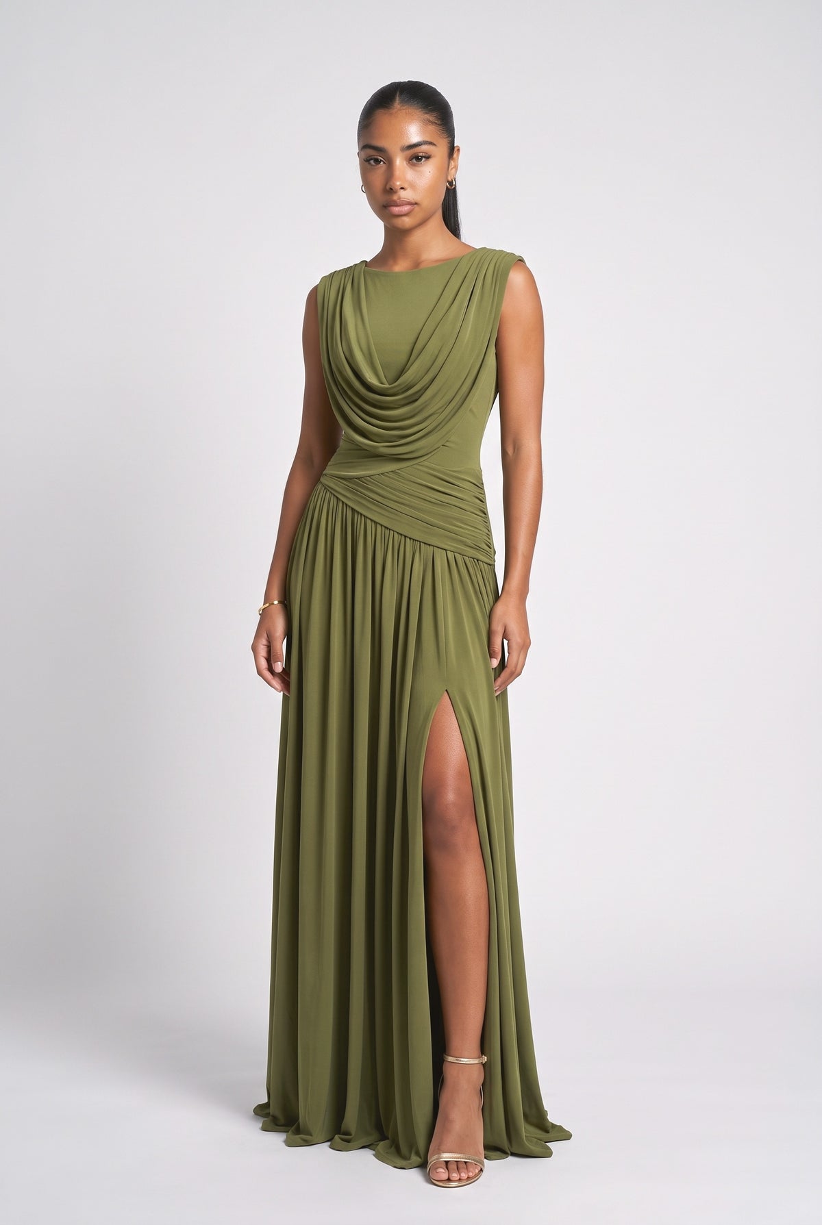 Draped Ruched High Slit Party Maxi Dress, green