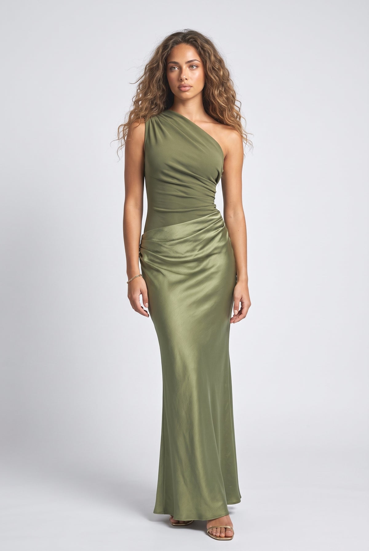 One Shoulder Neck Pleated Party Maxi Dress, green