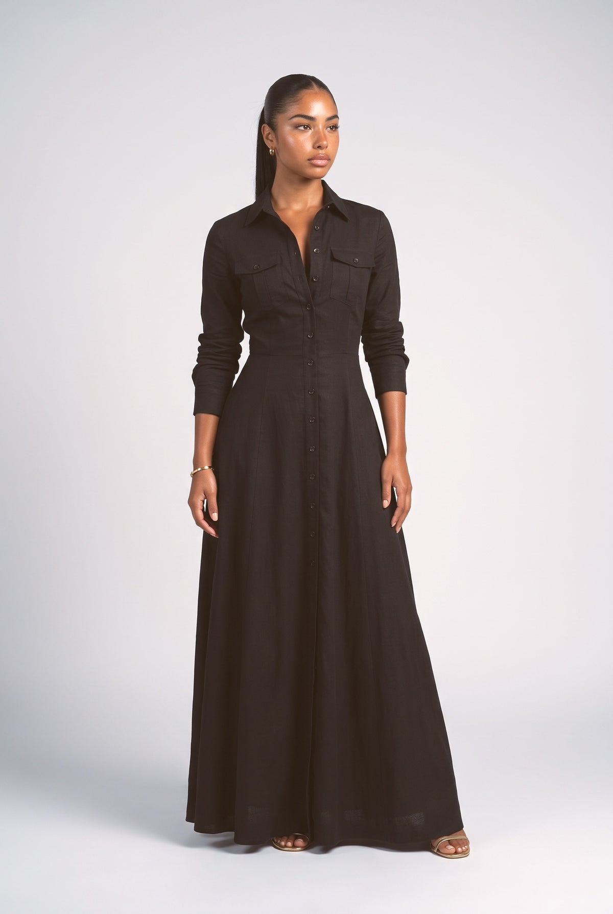 Shirt-style Floor-length Maxi Dress, green