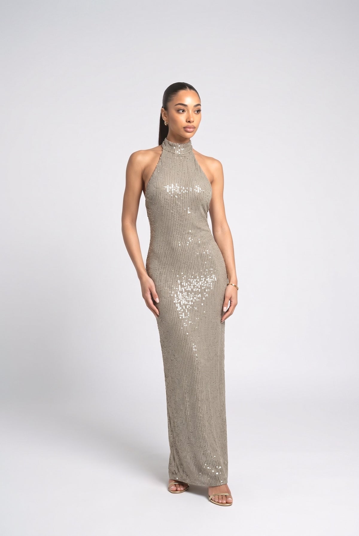 Sequined Halter Neck Maxi Dress, green