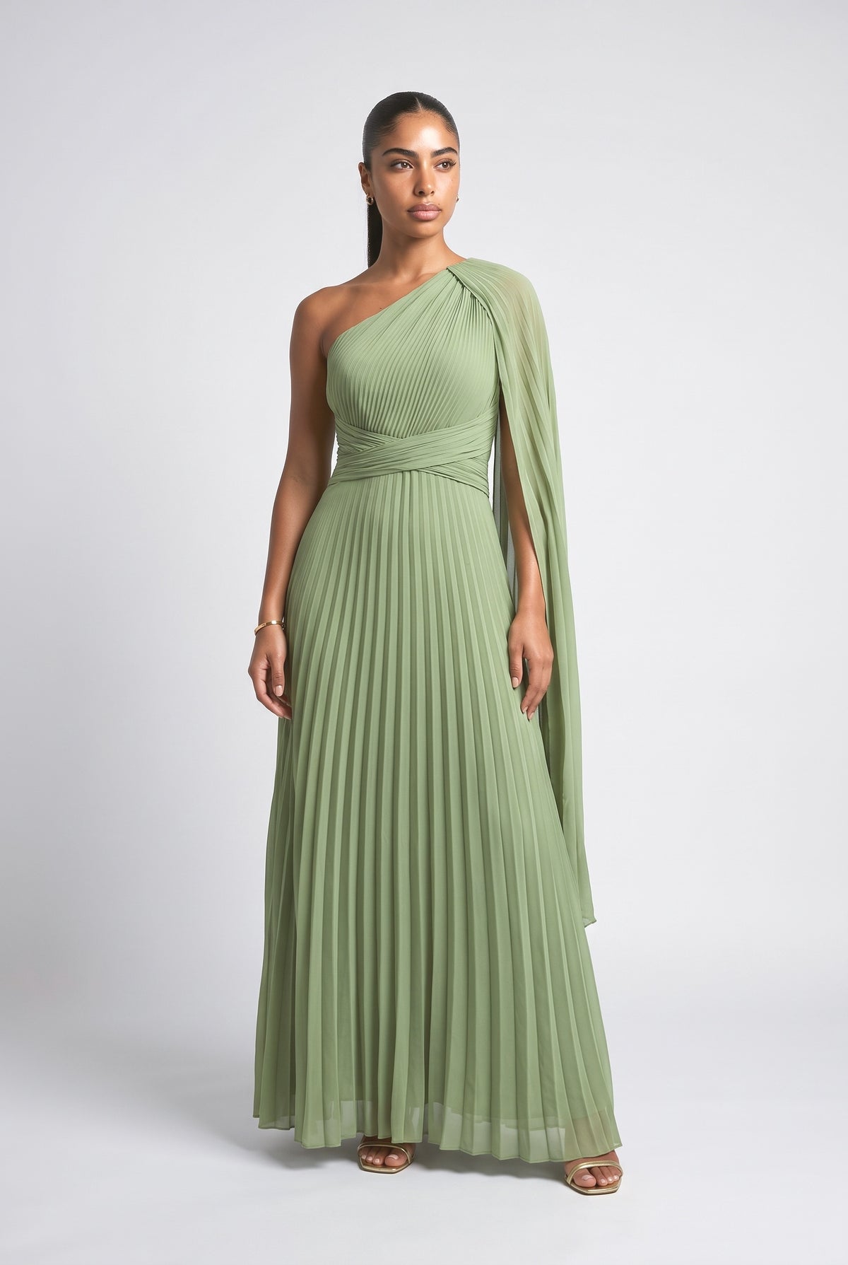 Flowing Pleated Off-the-Shoulder Maxi Dress, green