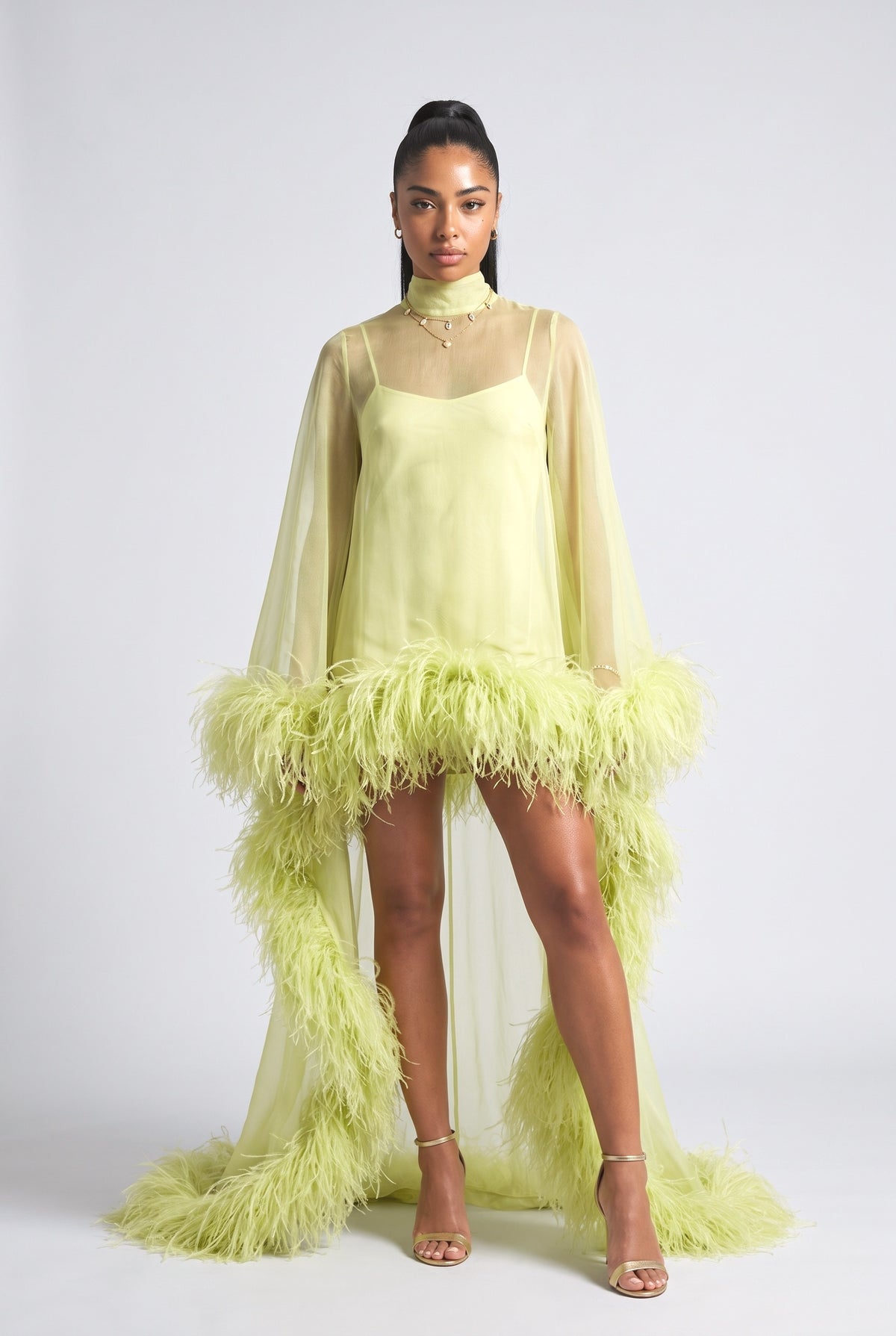 Green Chiffon Feather Trim Mini Dress, green