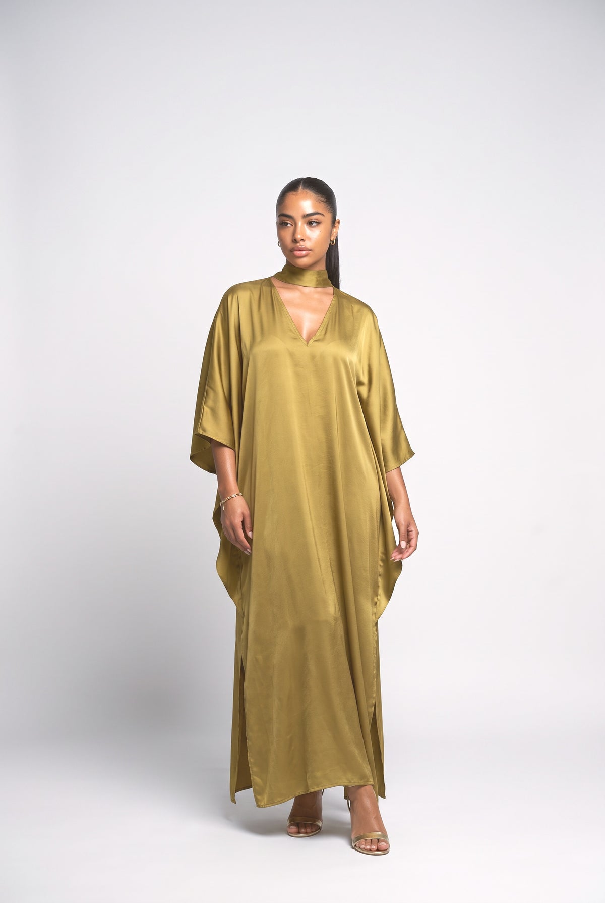 Satin Choker Neck Batwing Sleeve Kaftan Maxi Dress, green