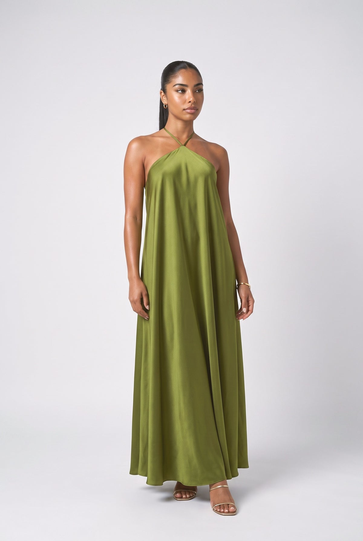 Beaded Halter Neck Flowy Maxi Dress, green