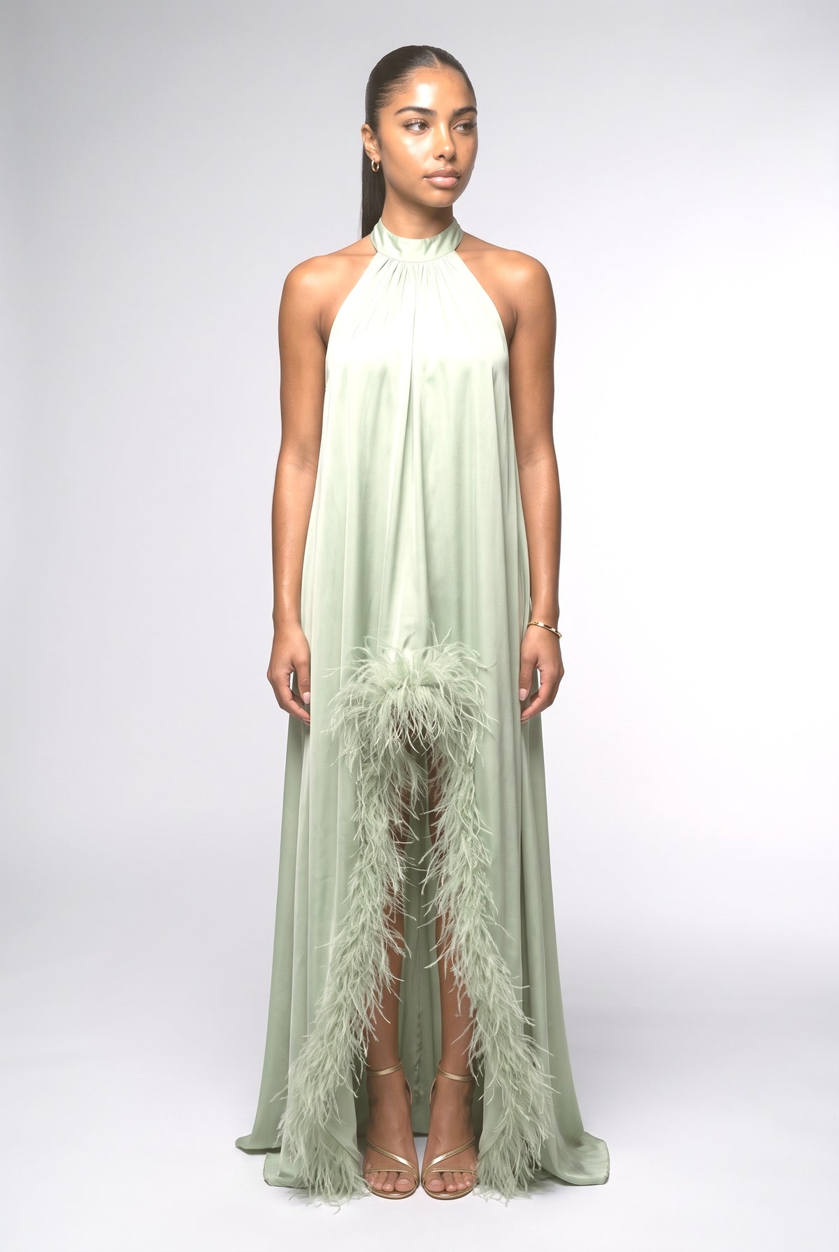 Satin Halter Neck Sleeveless Feather Trim Maxi Dress, green