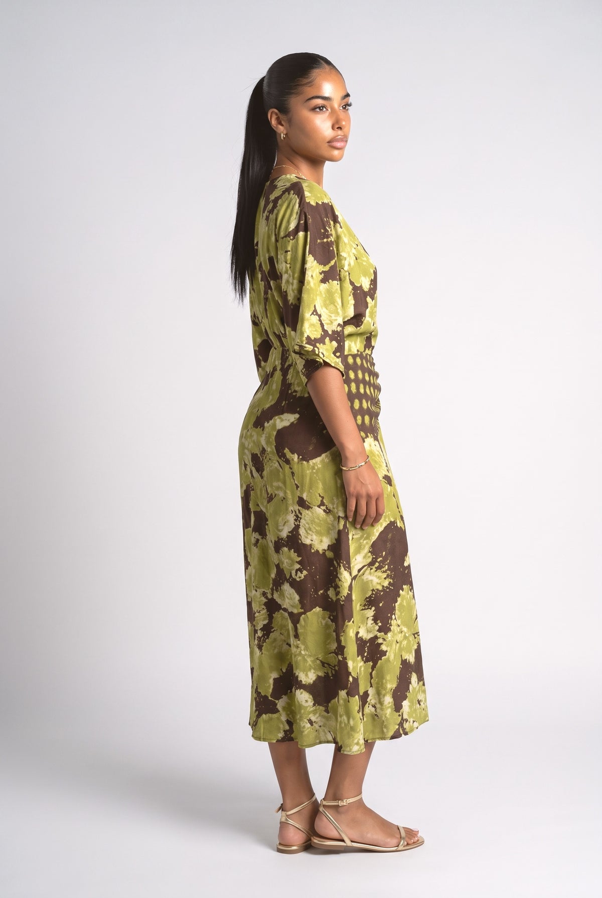 Abstract Tie-Dye Print Kimono Sleeve Maxi Dress, green