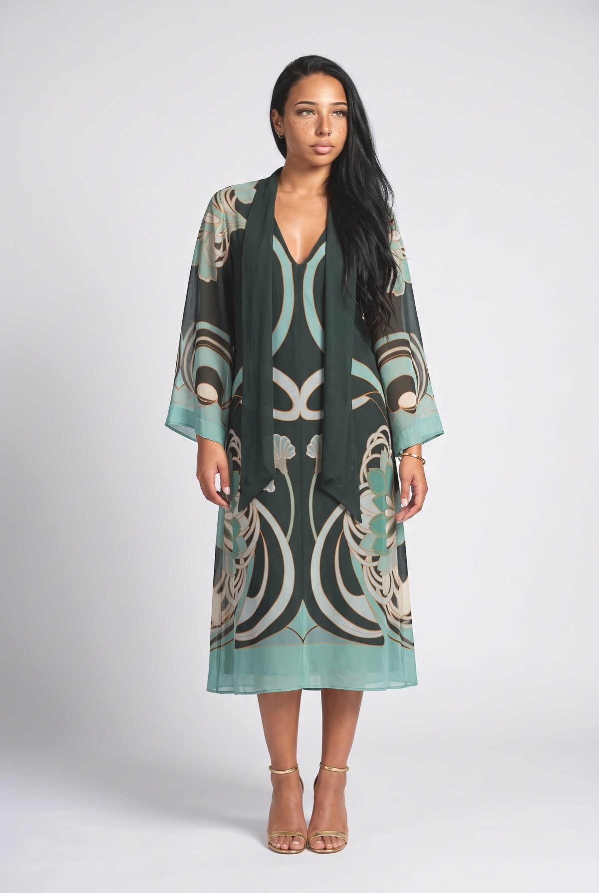 Green Geometric Chiffon Midi Dress, green