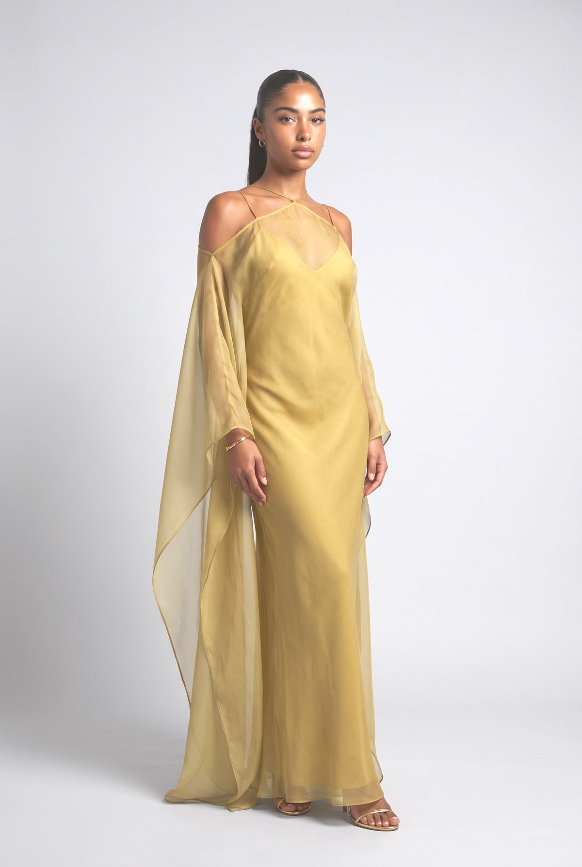Green Chiffon Cape Maxi Dress, green