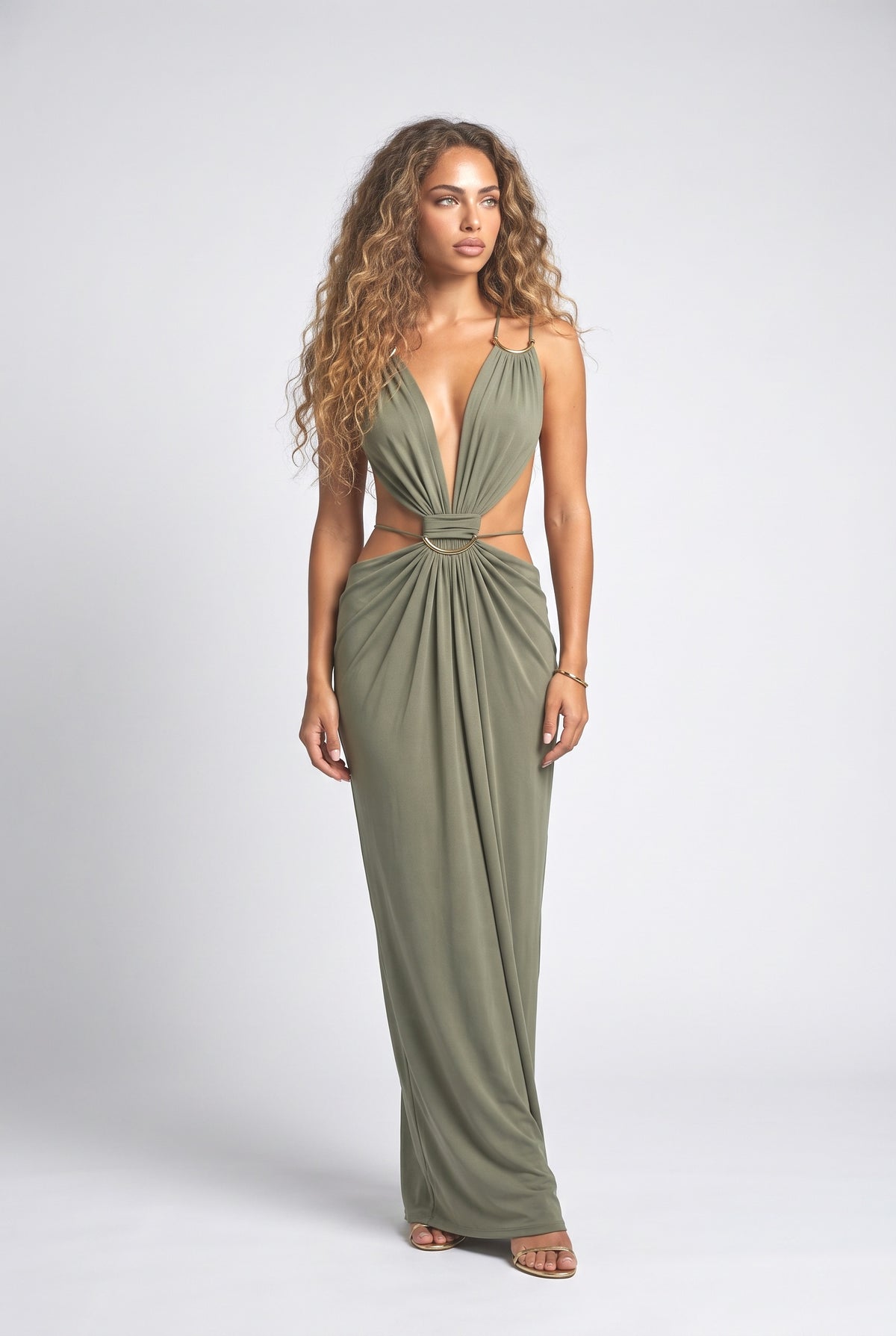 Lace Backless Cutout Maxi Dress, green