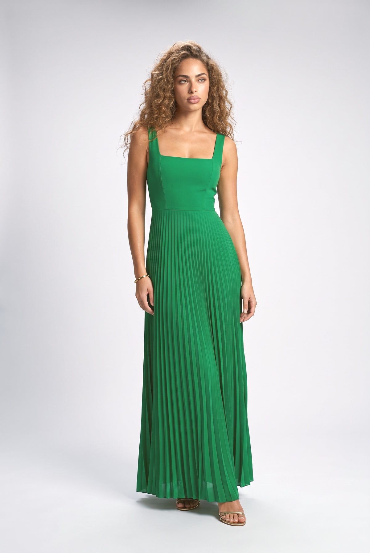 Square Neck Pleated Maxi Dress, green