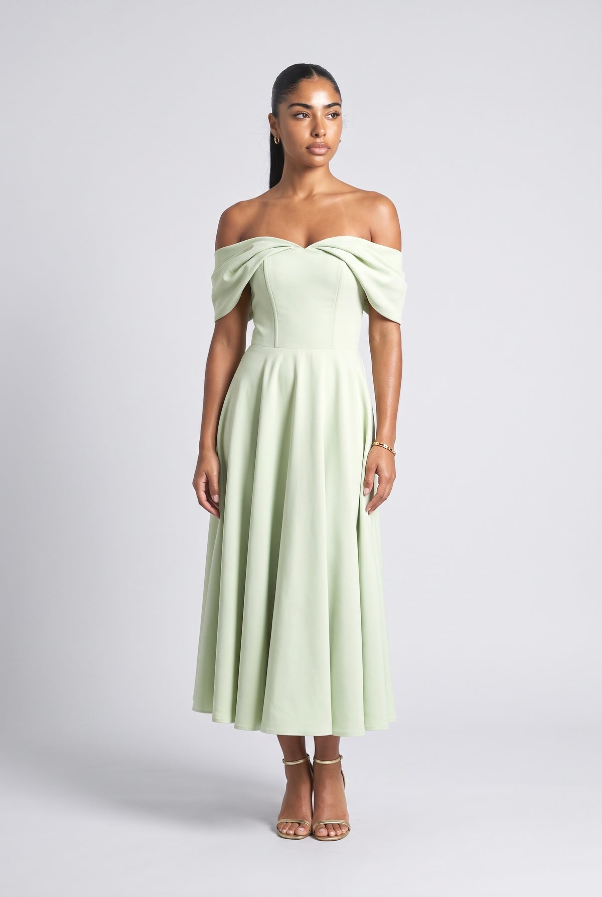 Off-Shoulder Draped Maxi Dress, green