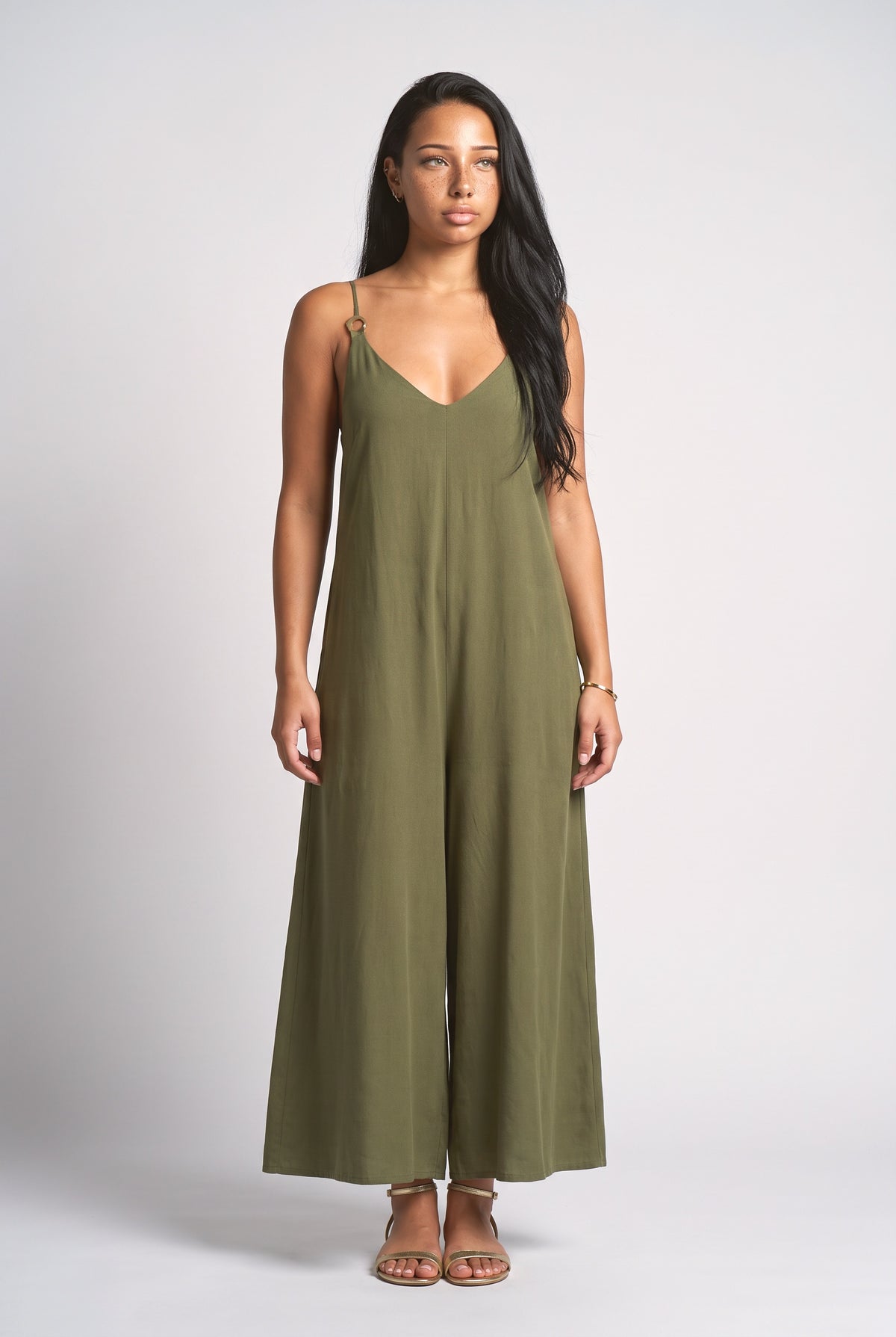 Resort Metallic Detail Strappy Wide-Leg Jumpsuit, green