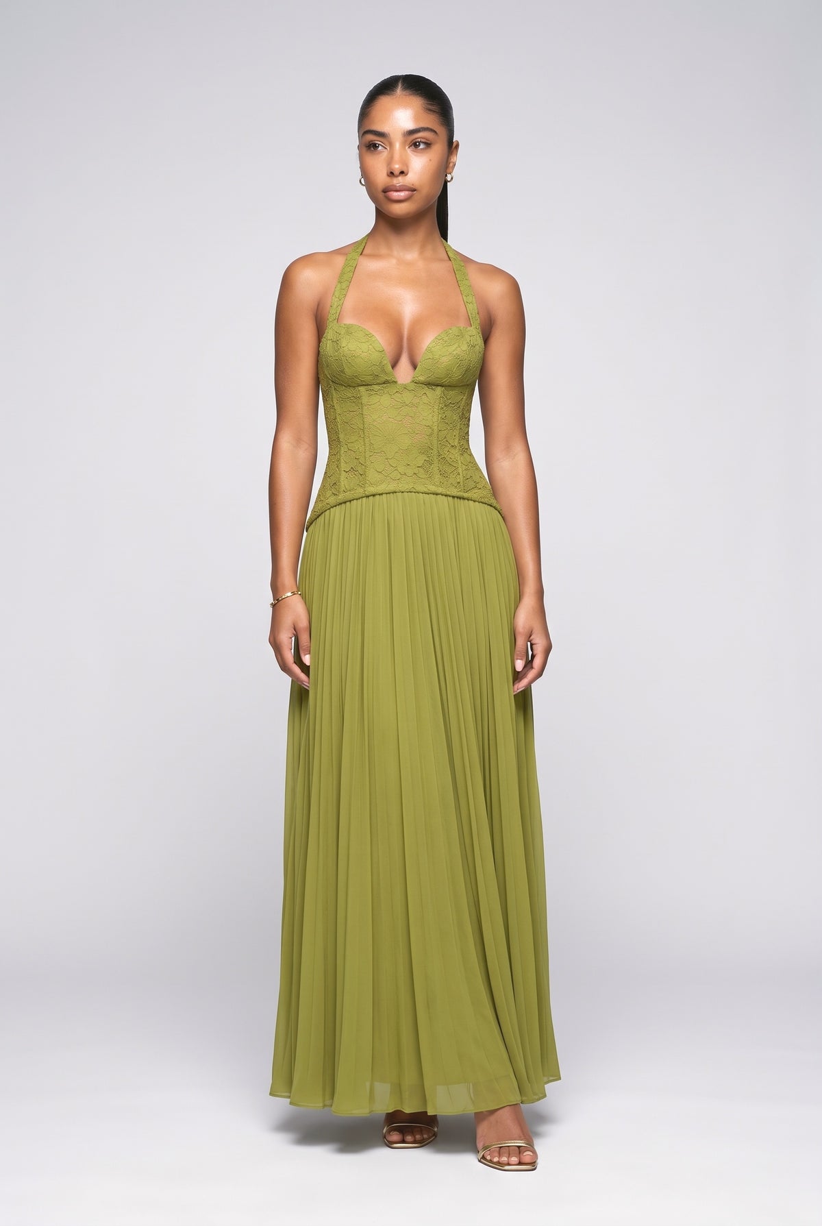Green Lace Halter Neck Maxi Dress, green