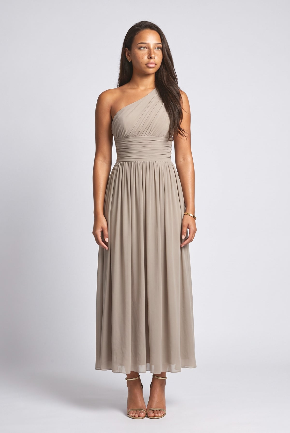 Green One-Shoulder Ruched Maxi Dress, green