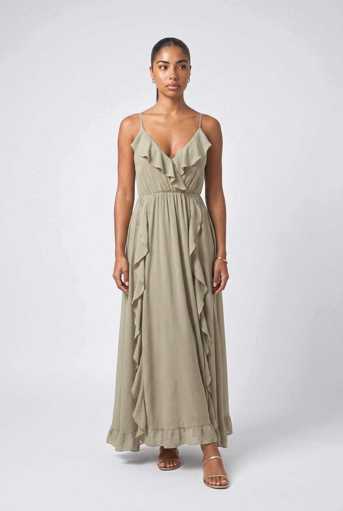 V-Neck Ruffle Maxi Dress, green