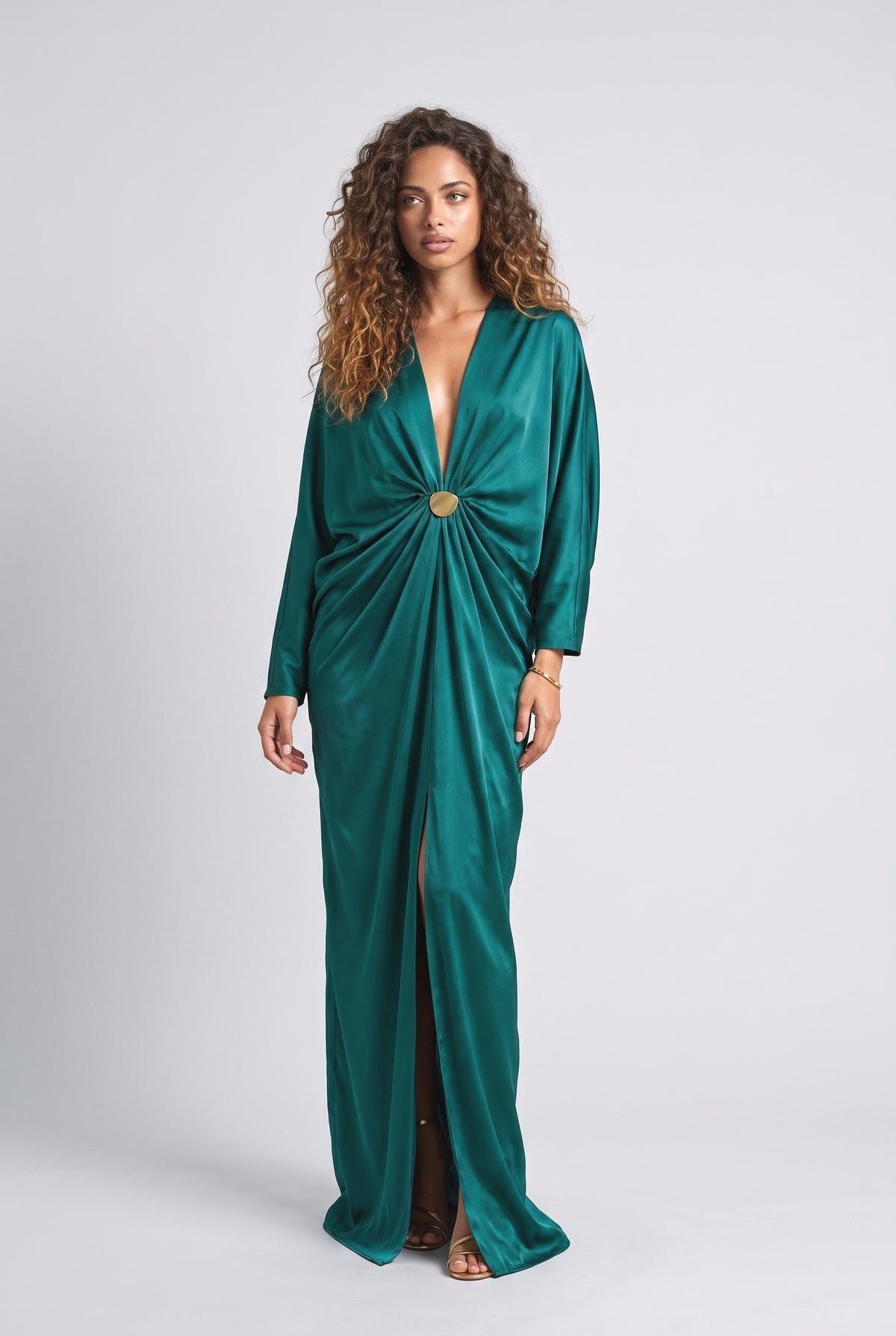 Satin Batwing Sleeve Draped Maxi Dress, green