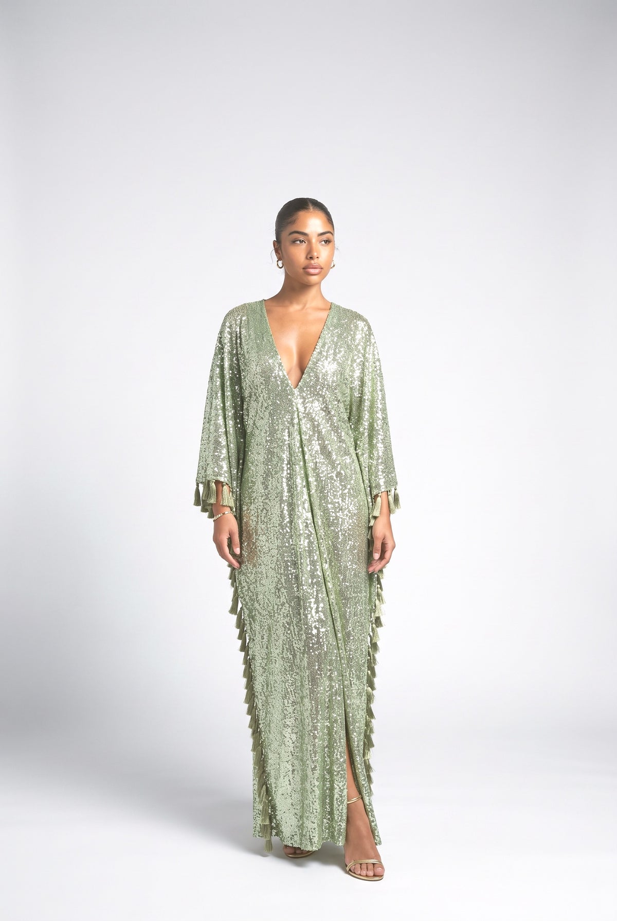 Green Sequin V-Neck Fringe Maxi Dress, green