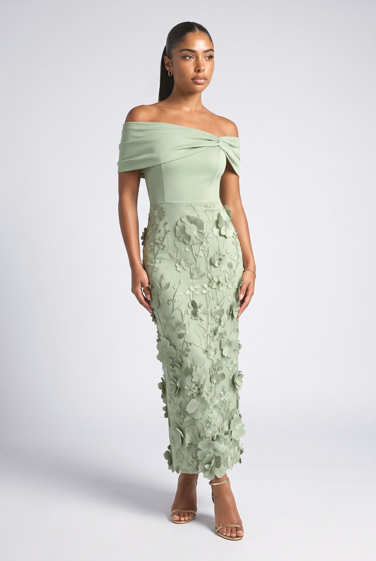 Floral Embroidered Off-Shoulder Maxi Dress, green