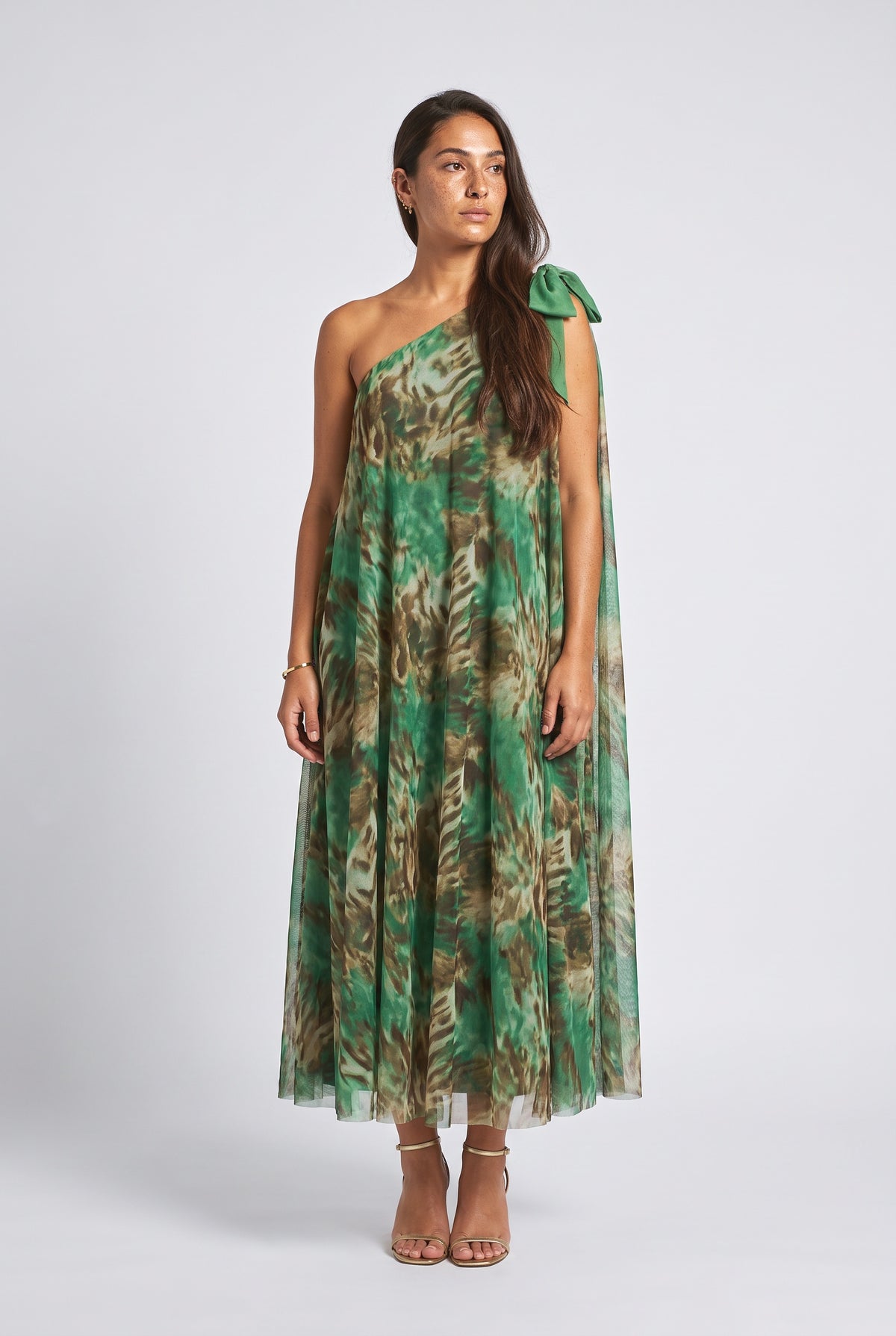 Print Tulle One-Shoulder Cape Maxi Dress, green