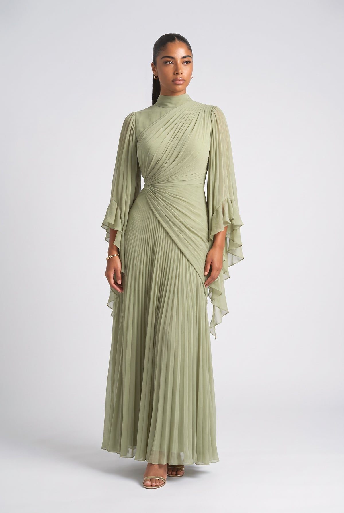 Chiffon High Neck Pleated Maxi Dress, green