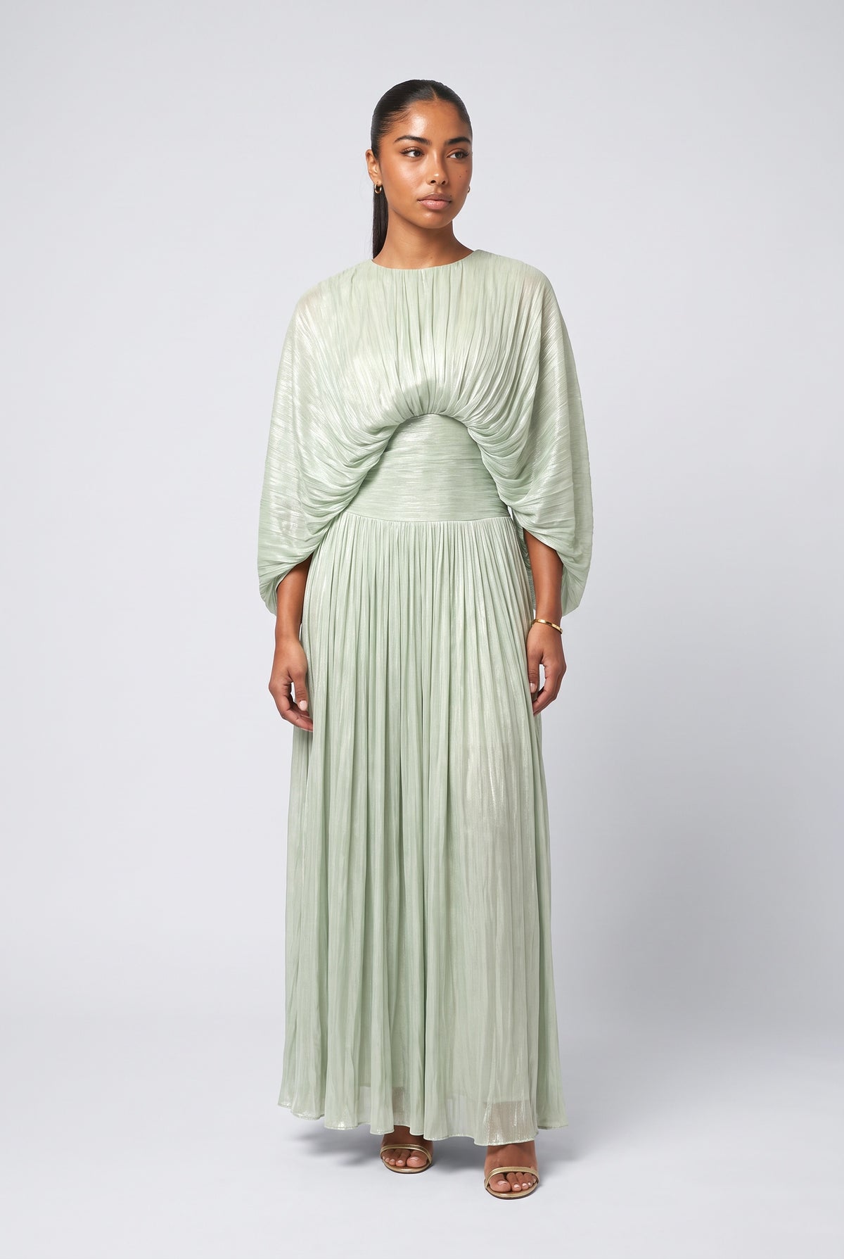 Green Batwing Sleeve Pleated Maxi Dress, green