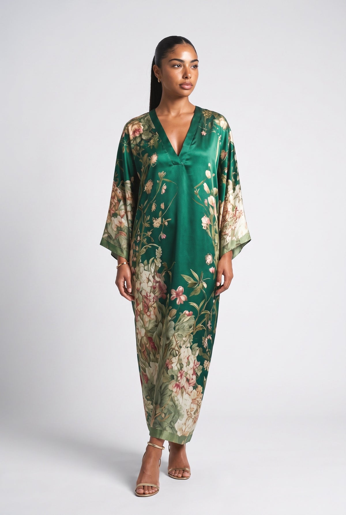 Green Floral Batwing Sleeve Maxi Dress, green
