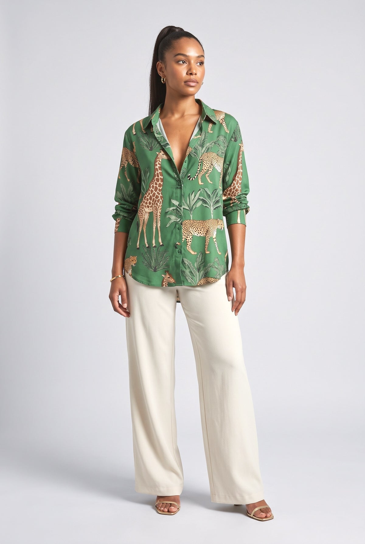 Jungle Print Loose Button-Down Shirt, green