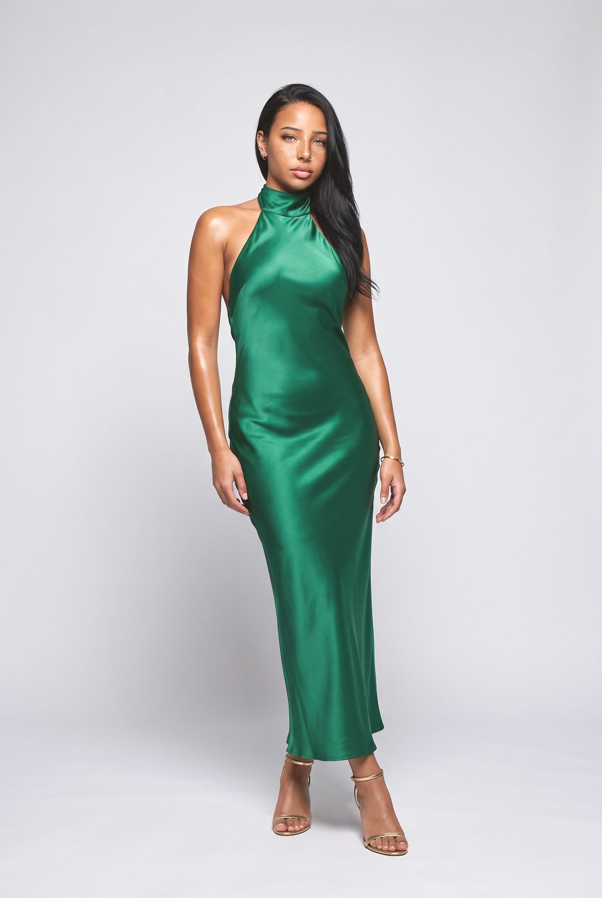 Satin Halter Neck Maxi Dress, green