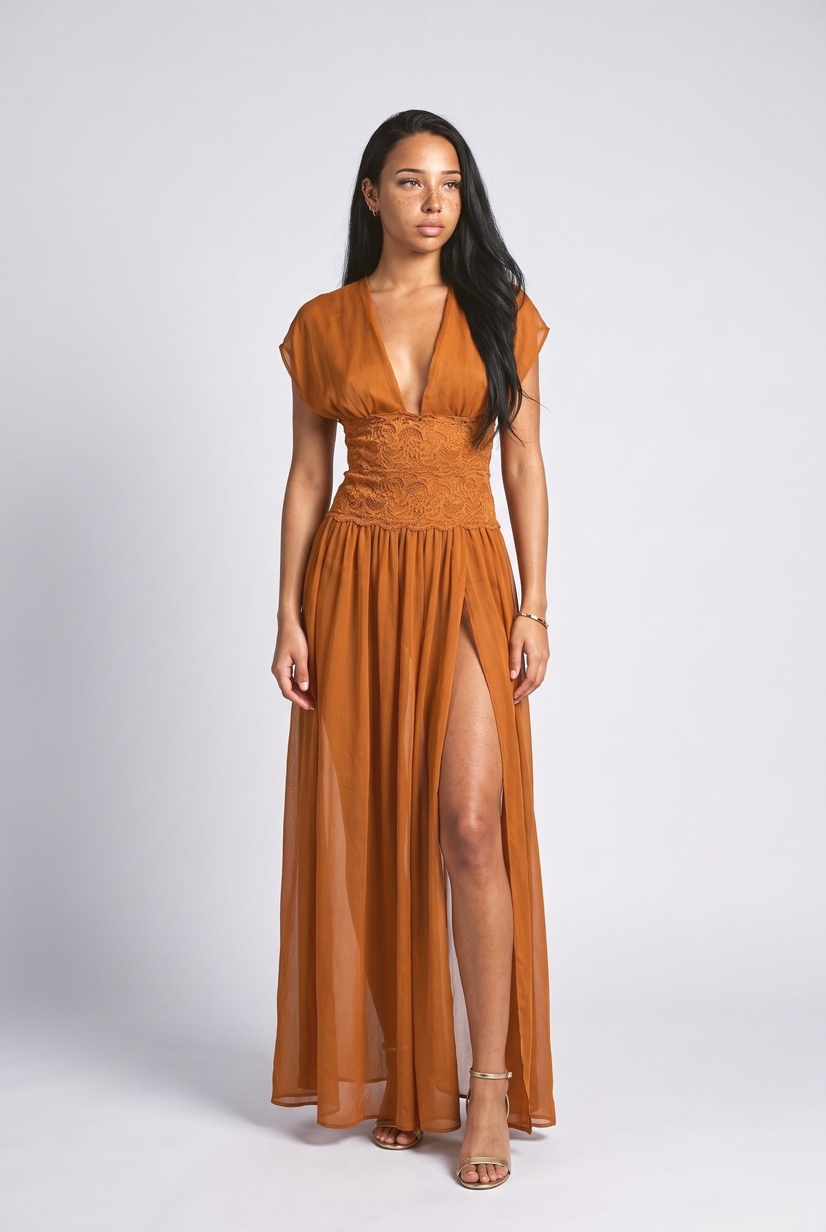 Green Lace V-Neck Slit Maxi Dress, green