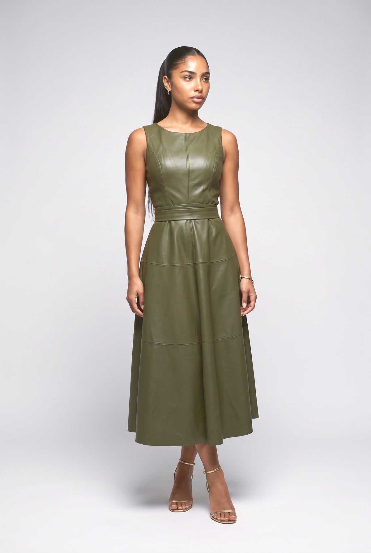 Sleeveless Leather-Look Midi Dress, green