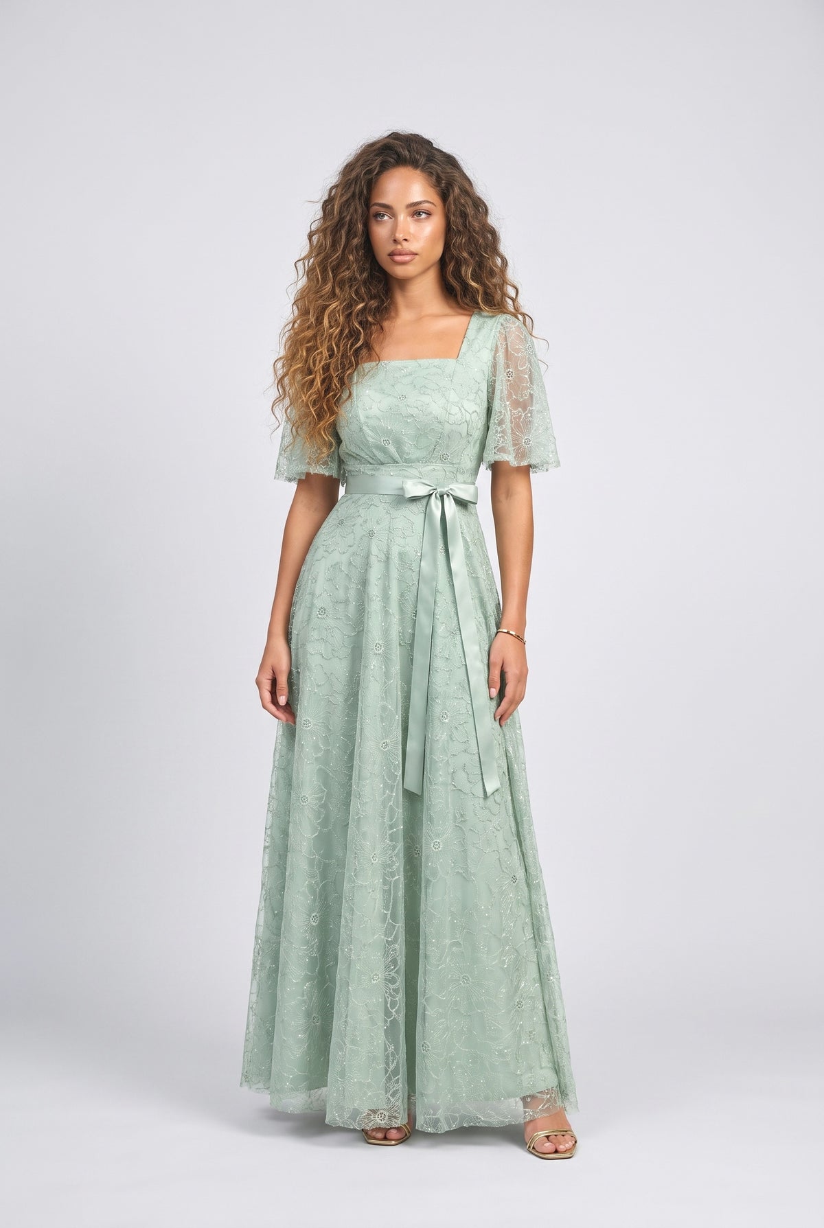 Floral Tulle Square Neck Maxi Dress, green