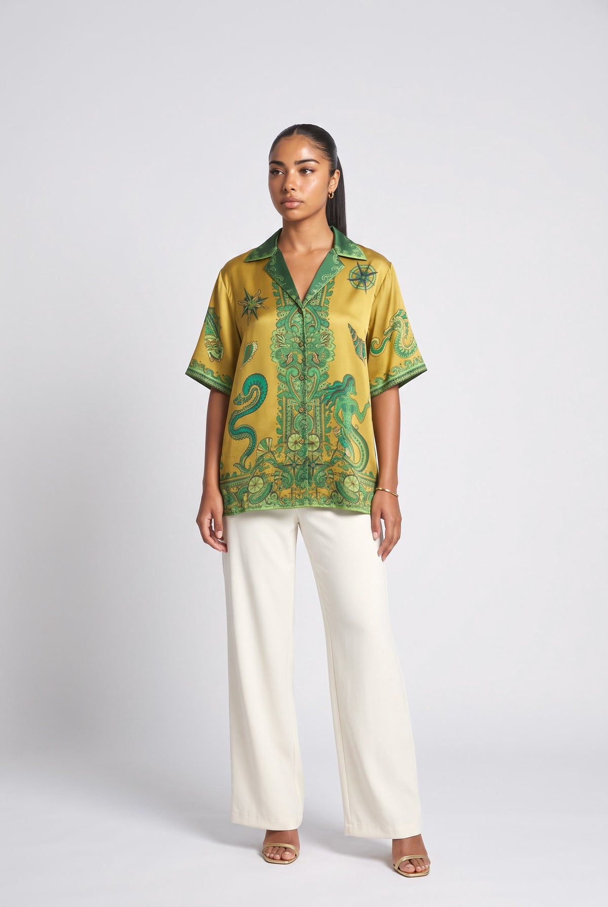 Green Floral Satin Relaxed Top, green
