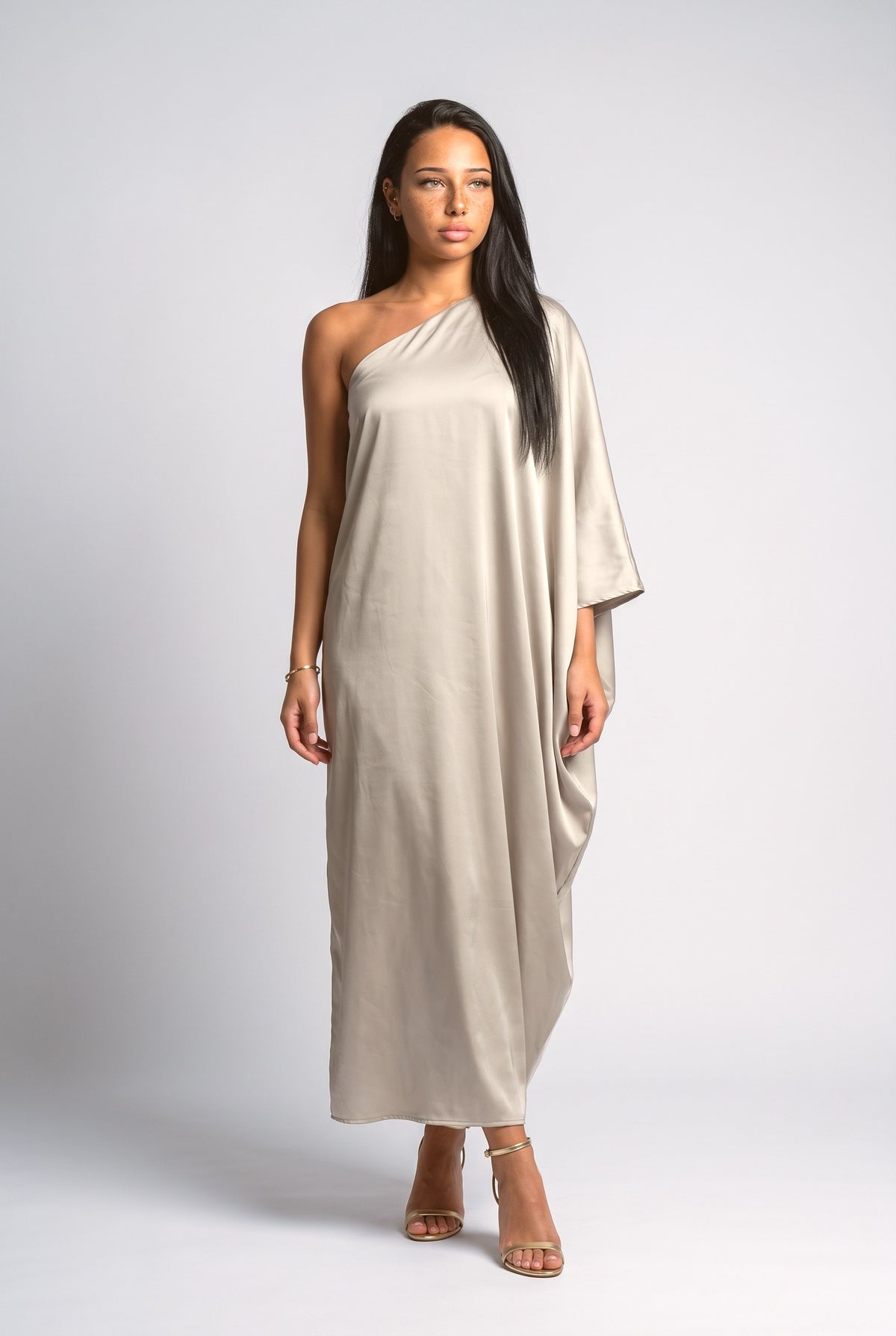 Satin Marble Print One-Shoulder Maxi Dress, green