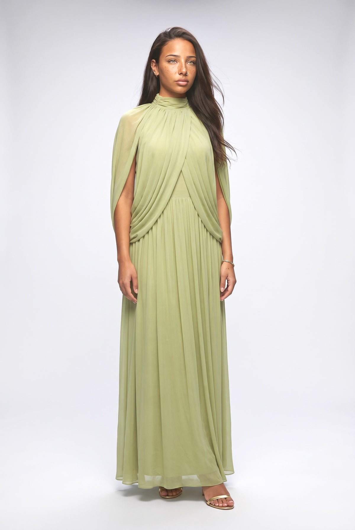 Green High Neck Pleated Maxi Dress, green