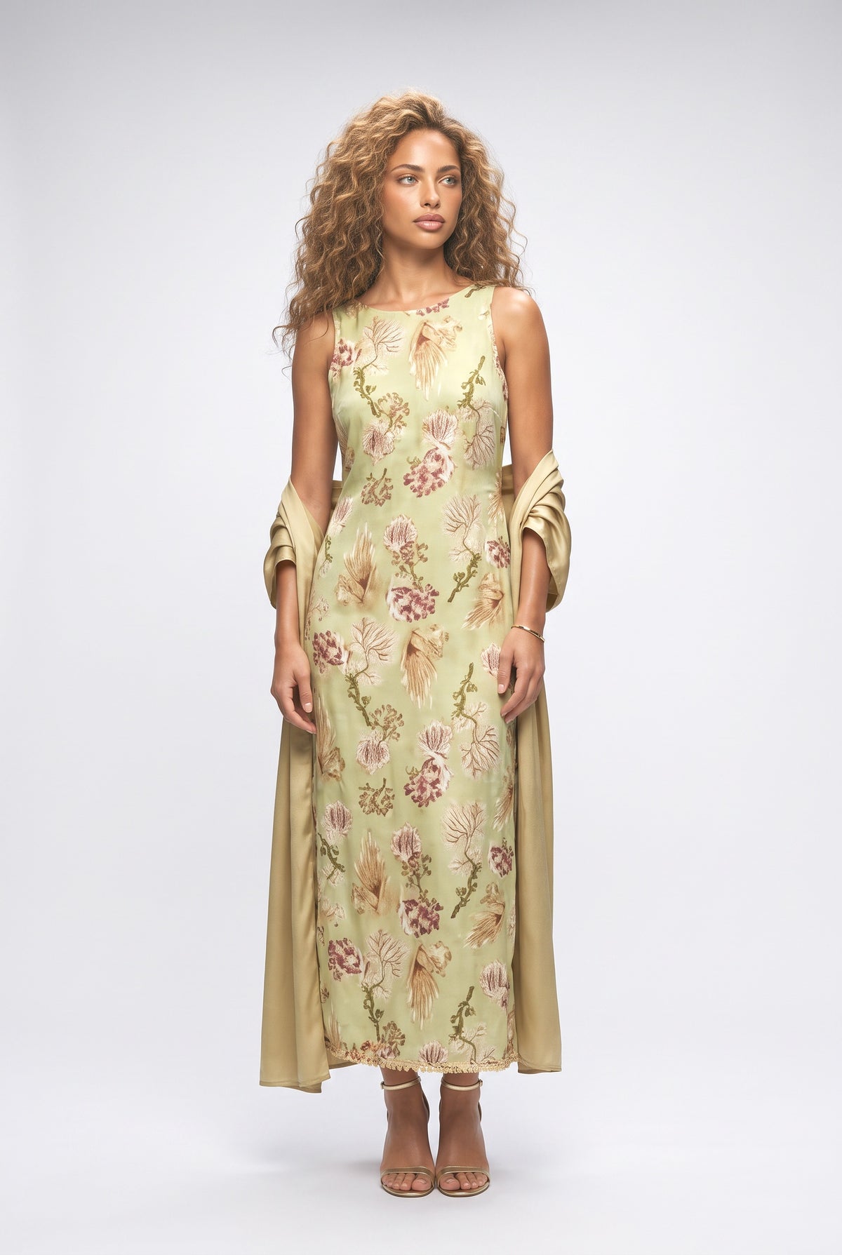 Botanical Print Sleeveless Midi Dress Two-Piece Set, green