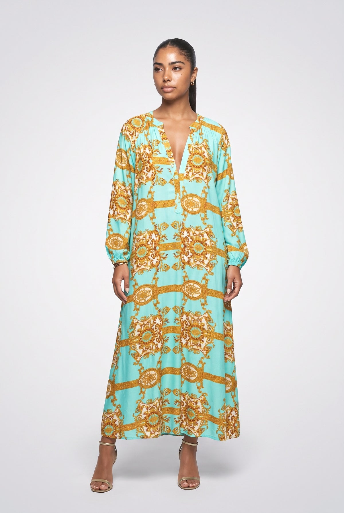 Bohemian V-Neck Printed Maxi Dress, green