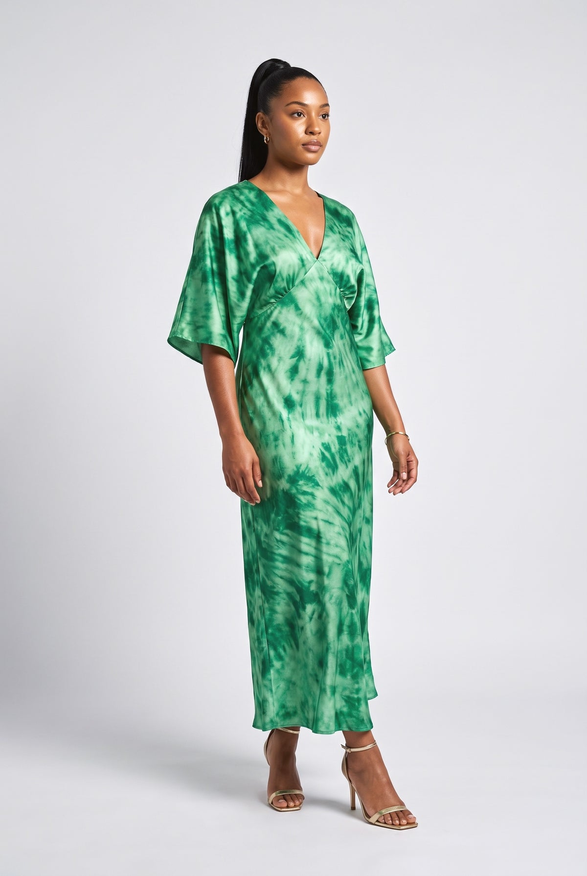 Green Tie-Dye Satin Maxi Dress, green
