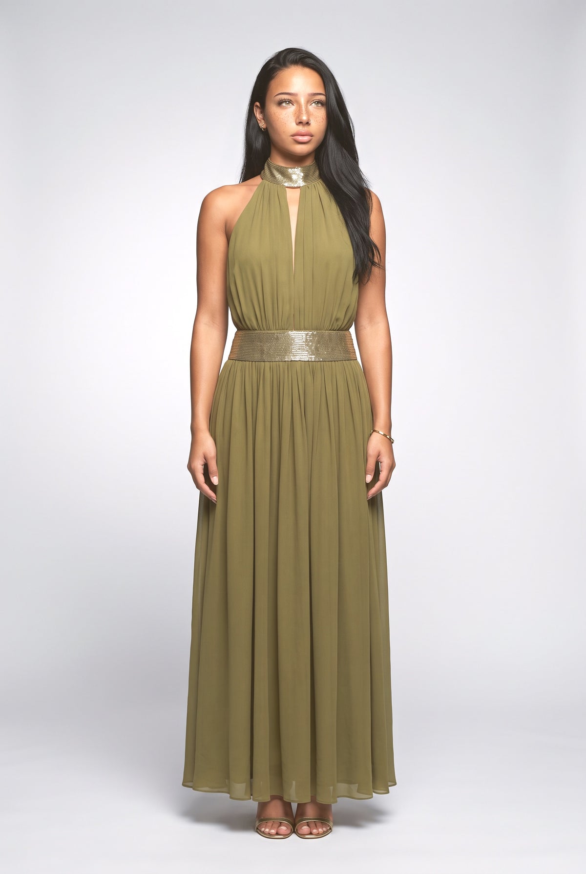 Halter Neck Sequin Chiffon Maxi Dress, green