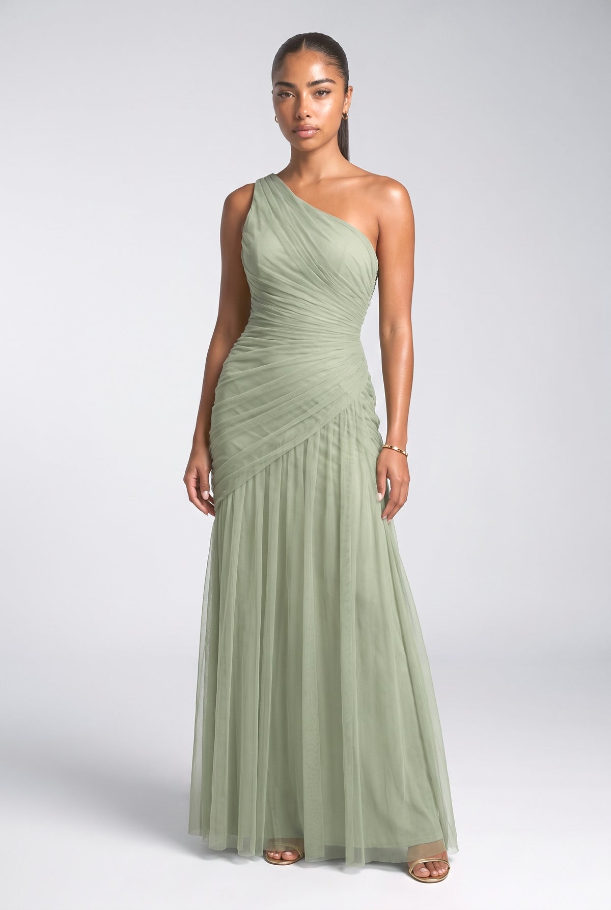 Tulle One-Shoulder Ruched Maxi Dress, green