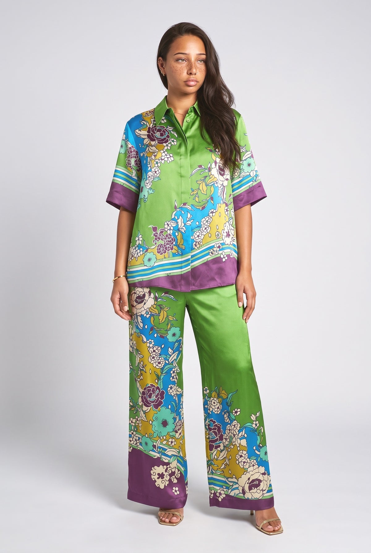 Colorful Floral Print Satin Two-Piece Set, green