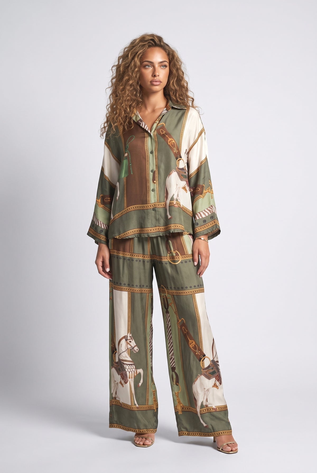 Equestrian Print Shirt & Wide-Leg Pants Two-Piece Set, green