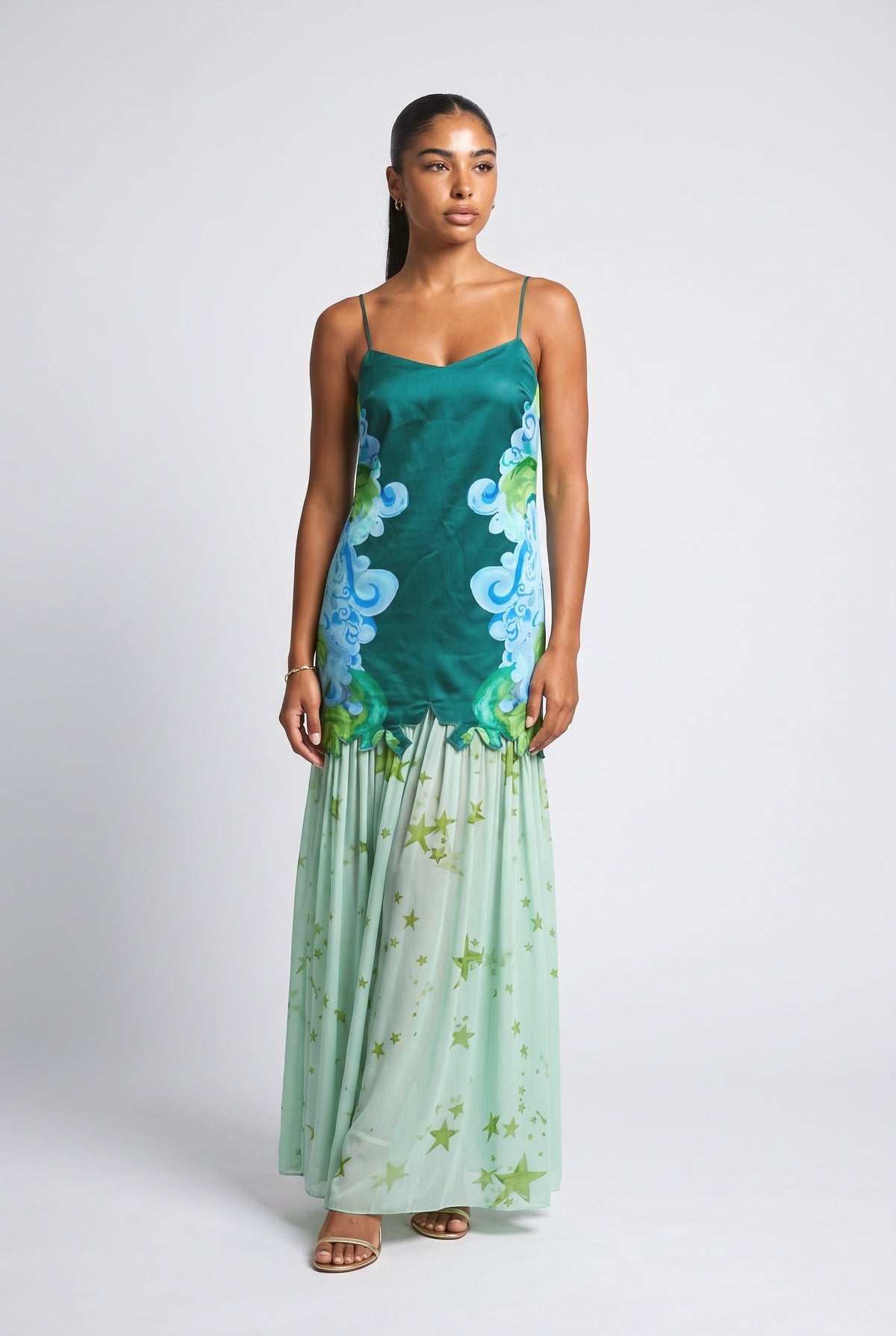 Green Floral Pleated Maxi Dress, green
