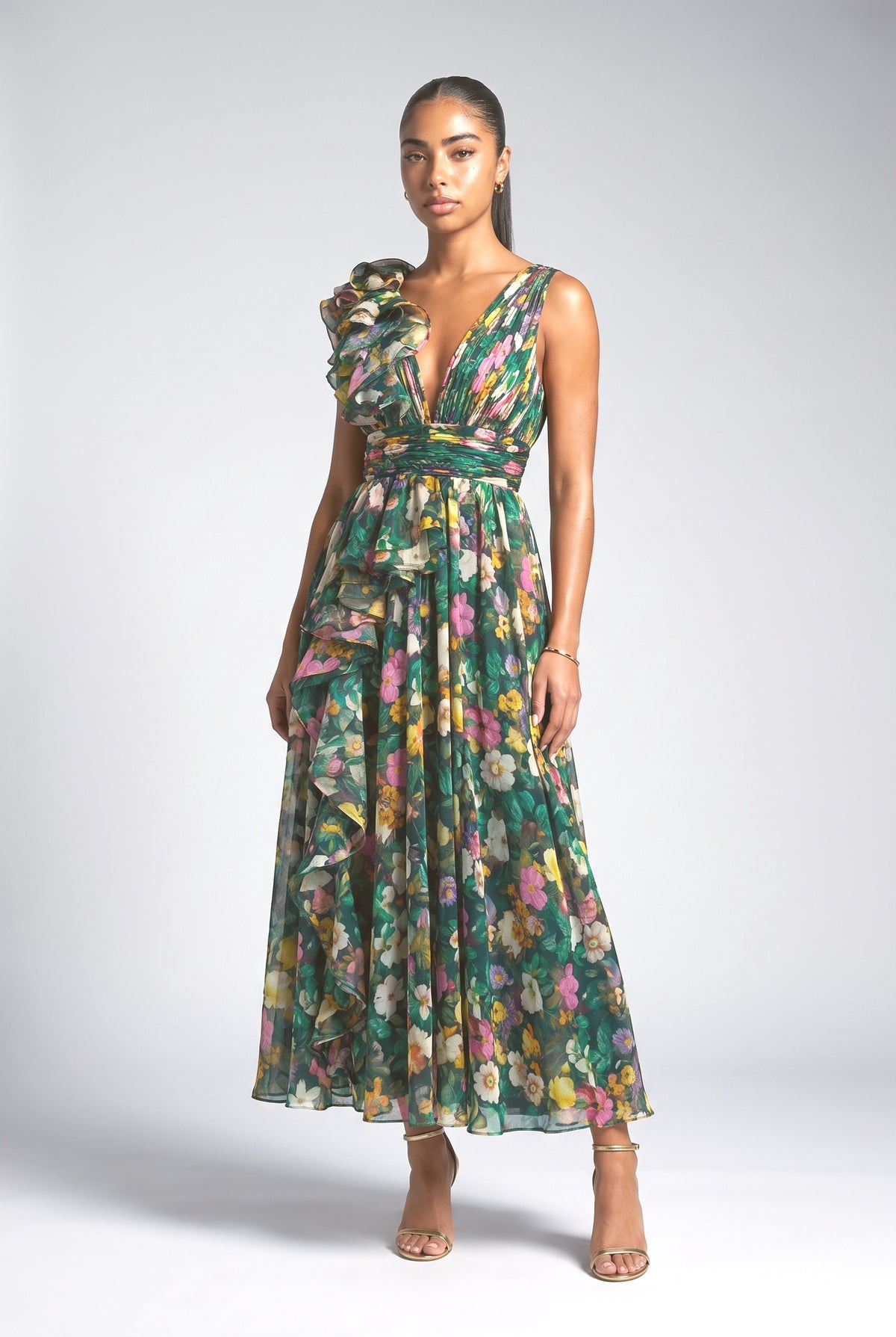V-Neck Printed Maxi Dress, green