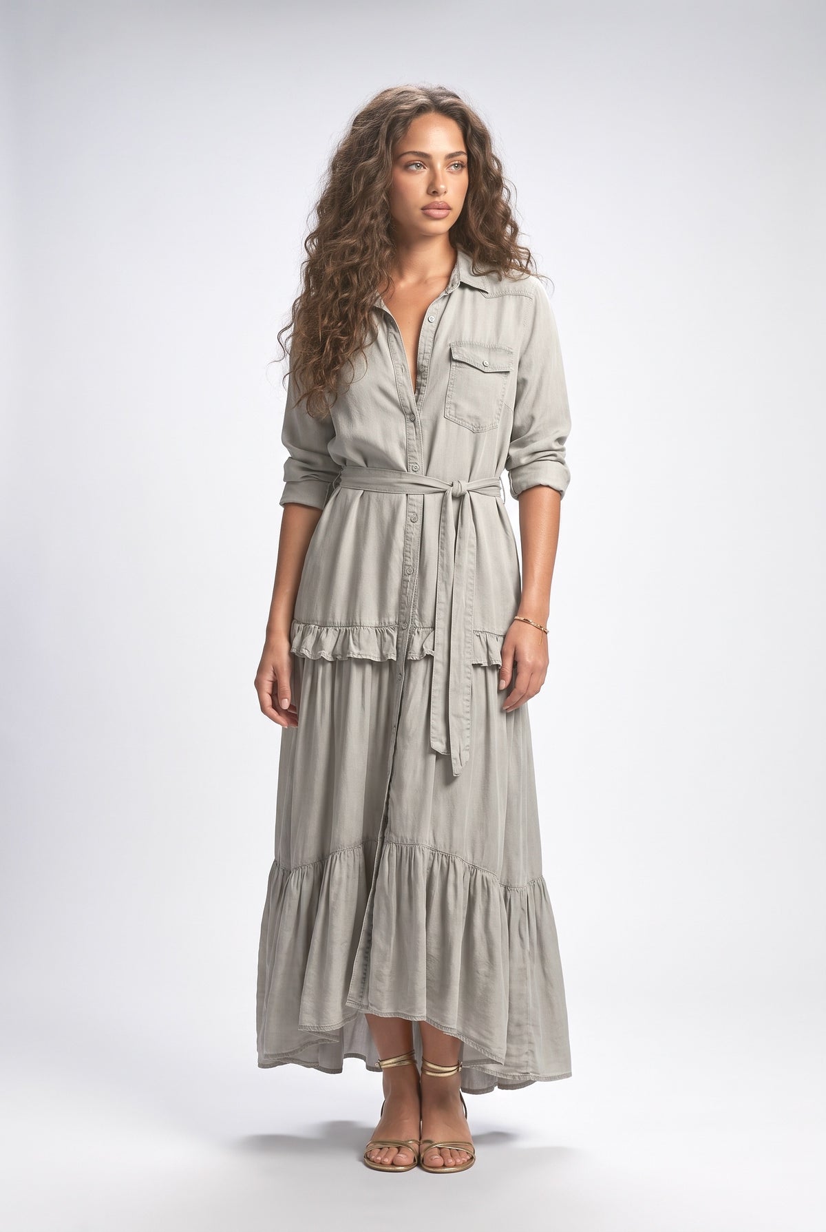 Denim Ruffle Maxi Dress, green