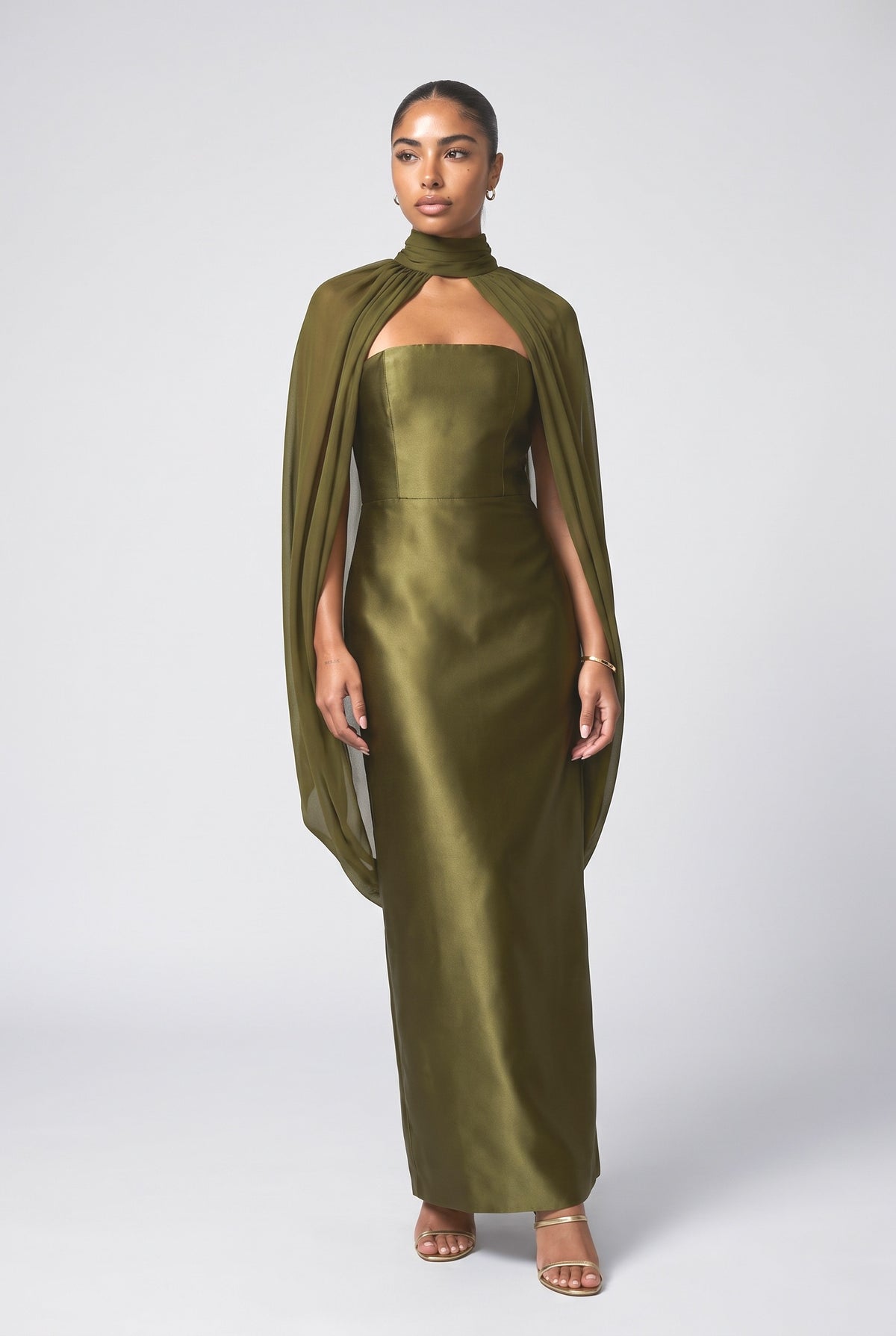 Satin Strapless Cape Maxi Dress, green
