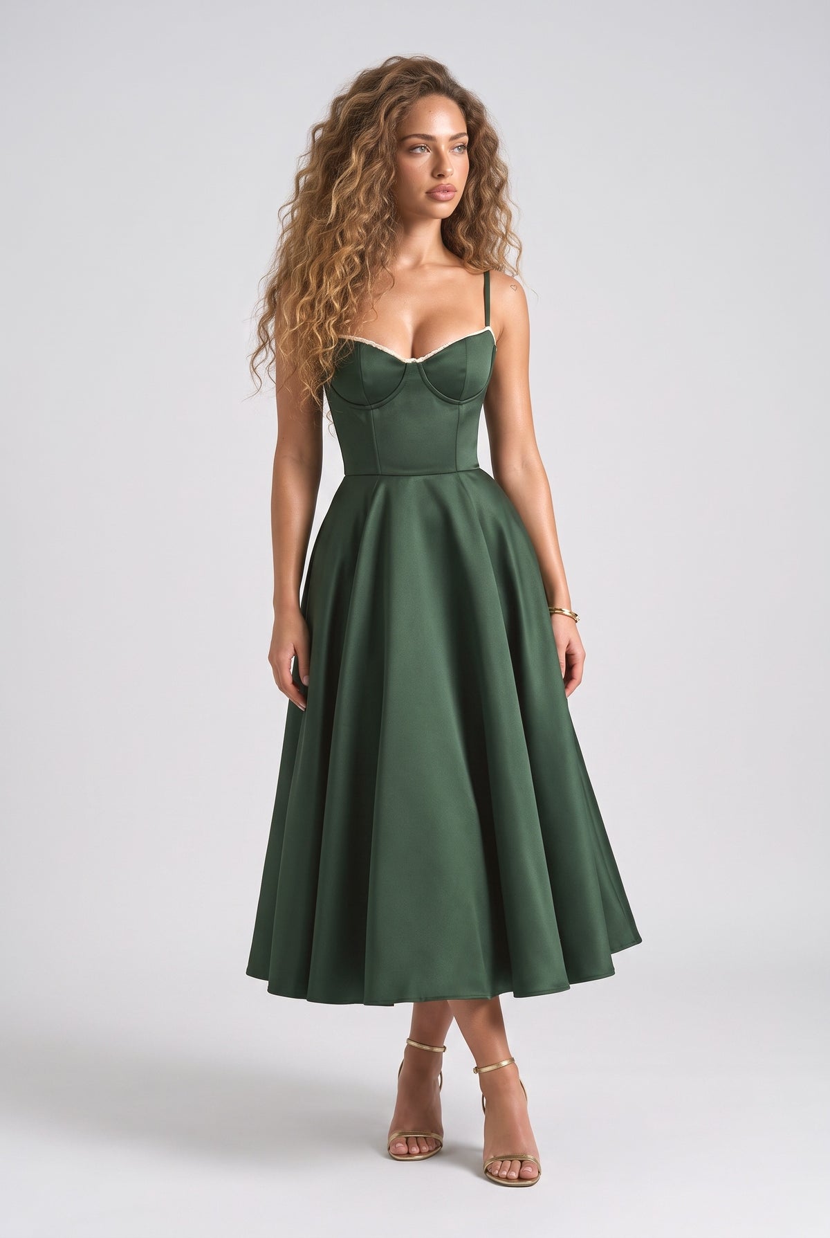 Green Satin Backless Midi Dress, green
