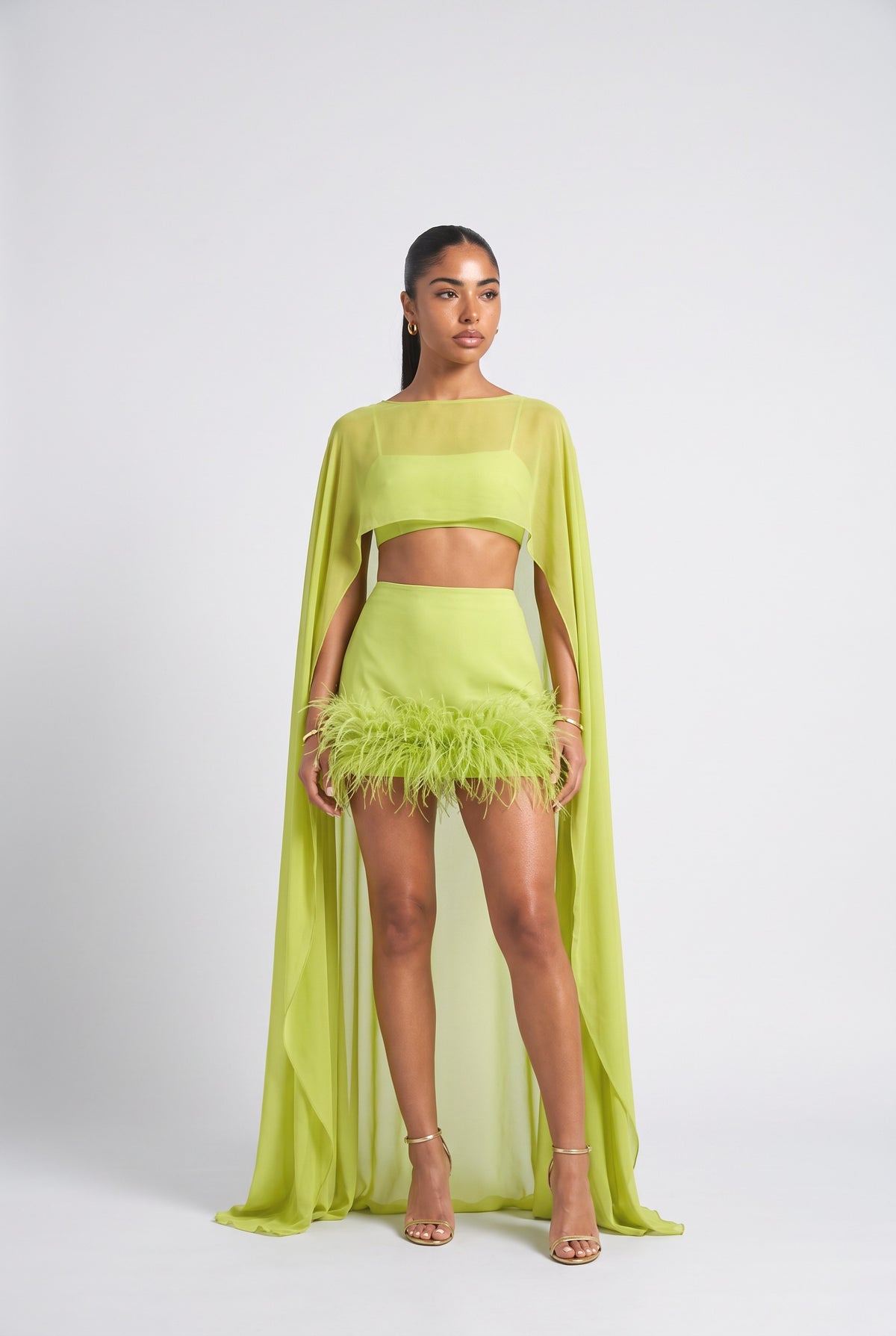 Sheer Feather Trim Outfit Set, green